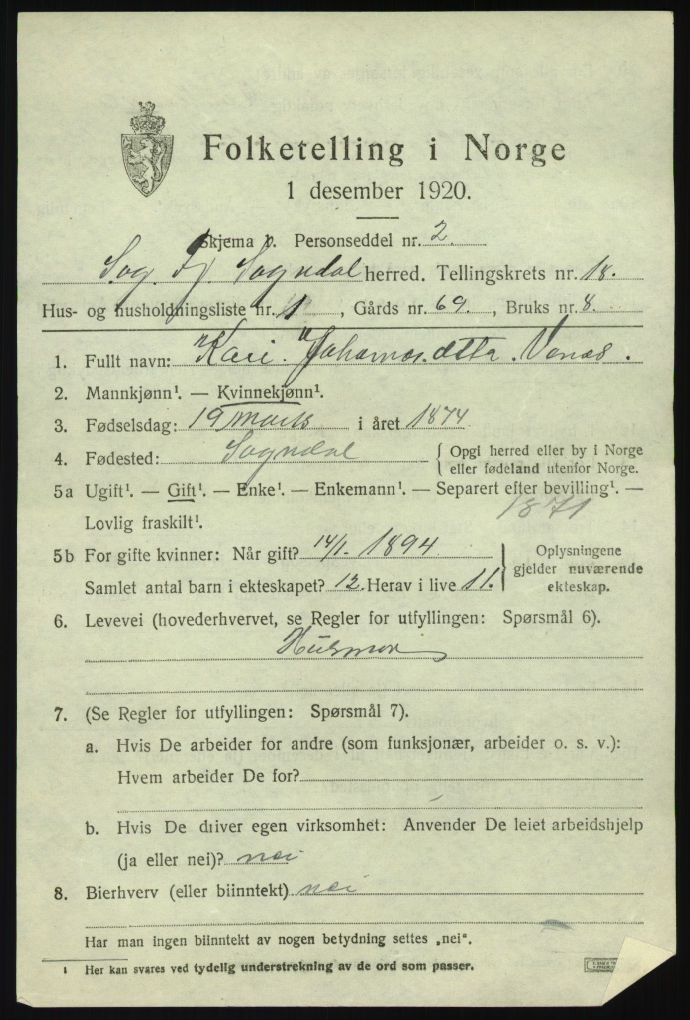 SAB, 1920 census for Sogndal, 1920, p. 6607