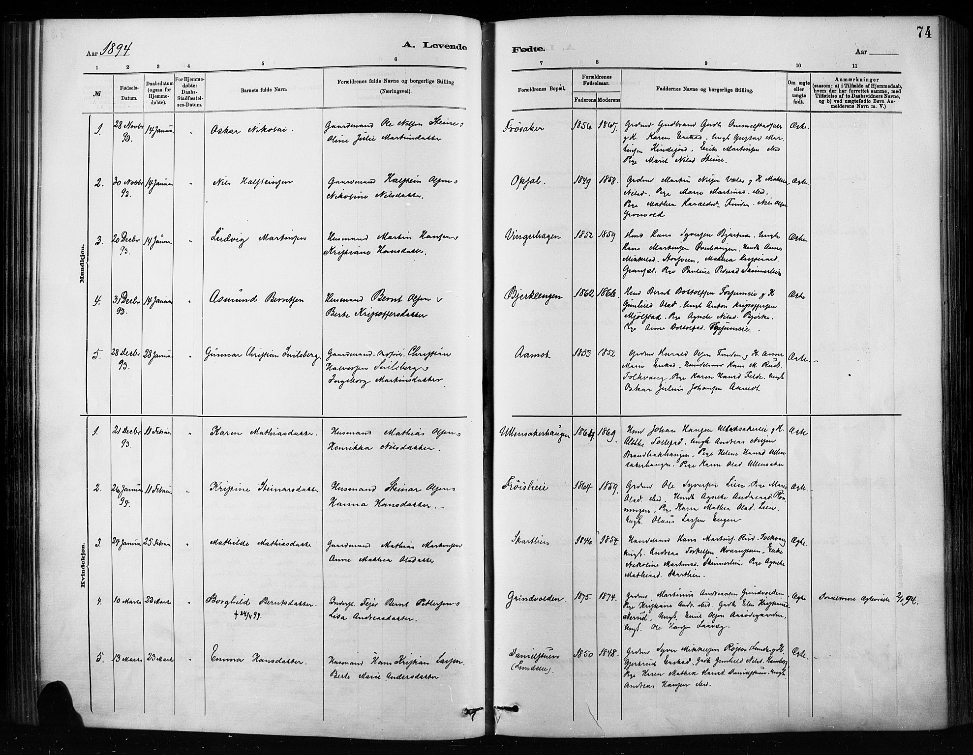 Nordre Land prestekontor, SAH/PREST-124/H/Ha/Haa/L0004: Parish register (official) no. 4, 1882-1896, p. 74
