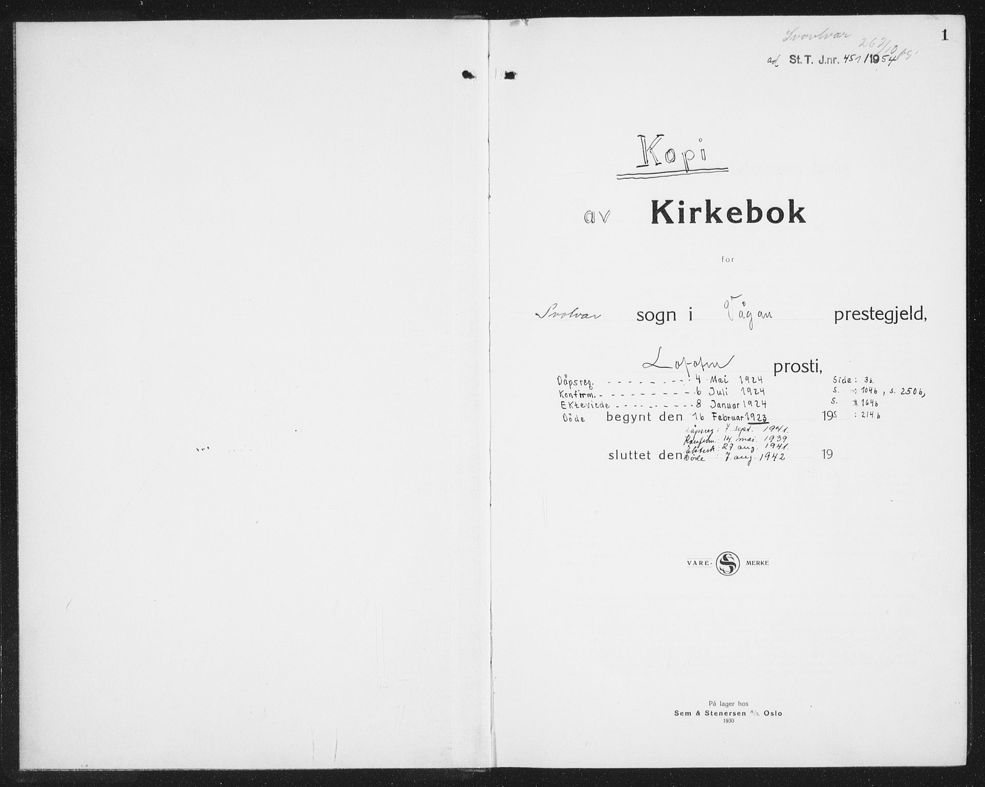 Ministerialprotokoller, klokkerbøker og fødselsregistre - Nordland, AV/SAT-A-1459/877/L1117: Parish register (copy) no. 877C01, 1923-1942, p. 1