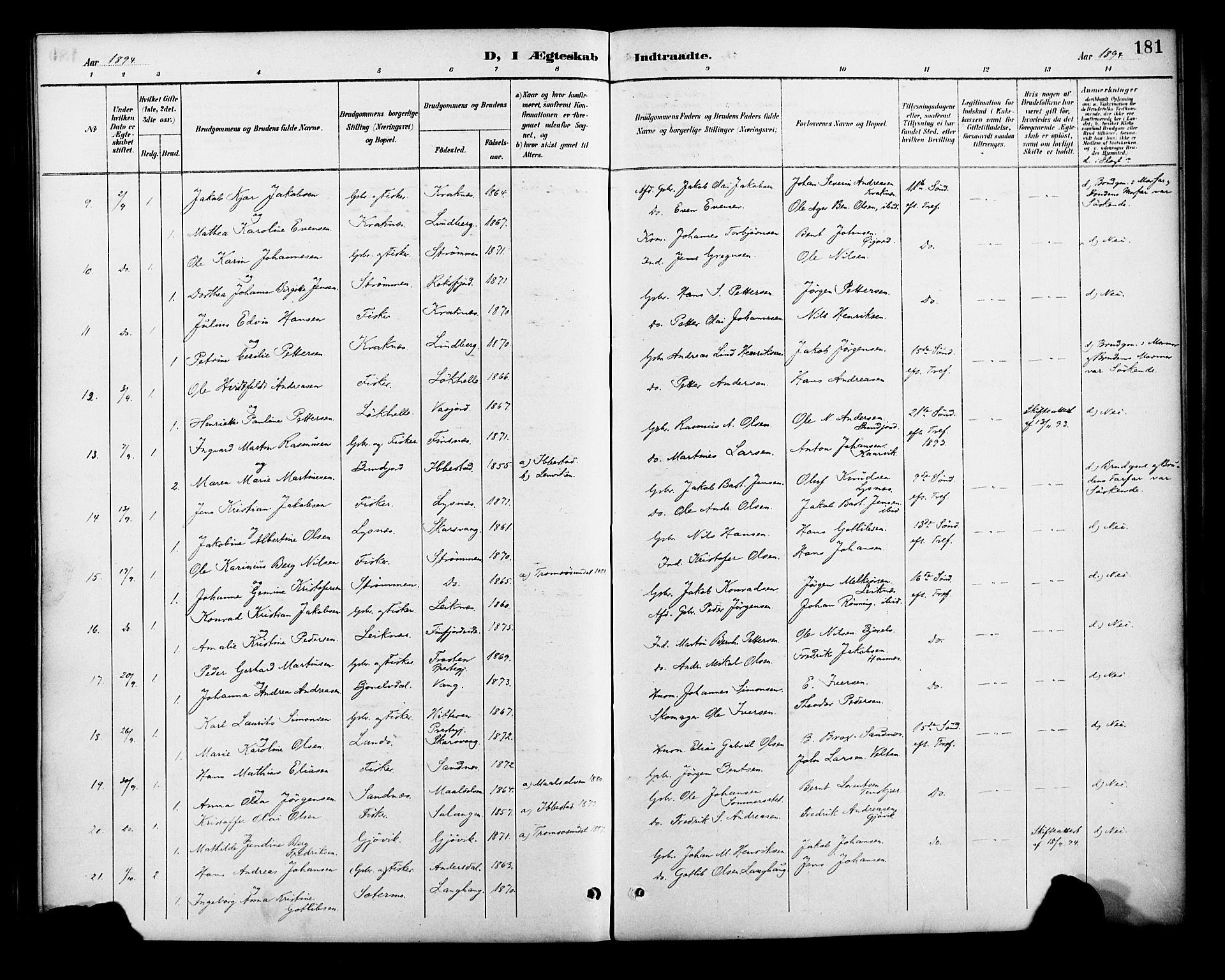 Lenvik sokneprestembete, SATØ/S-1310/H/Ha/Haa/L0013kirke: Parish register (official) no. 13, 1890-1898, p. 181