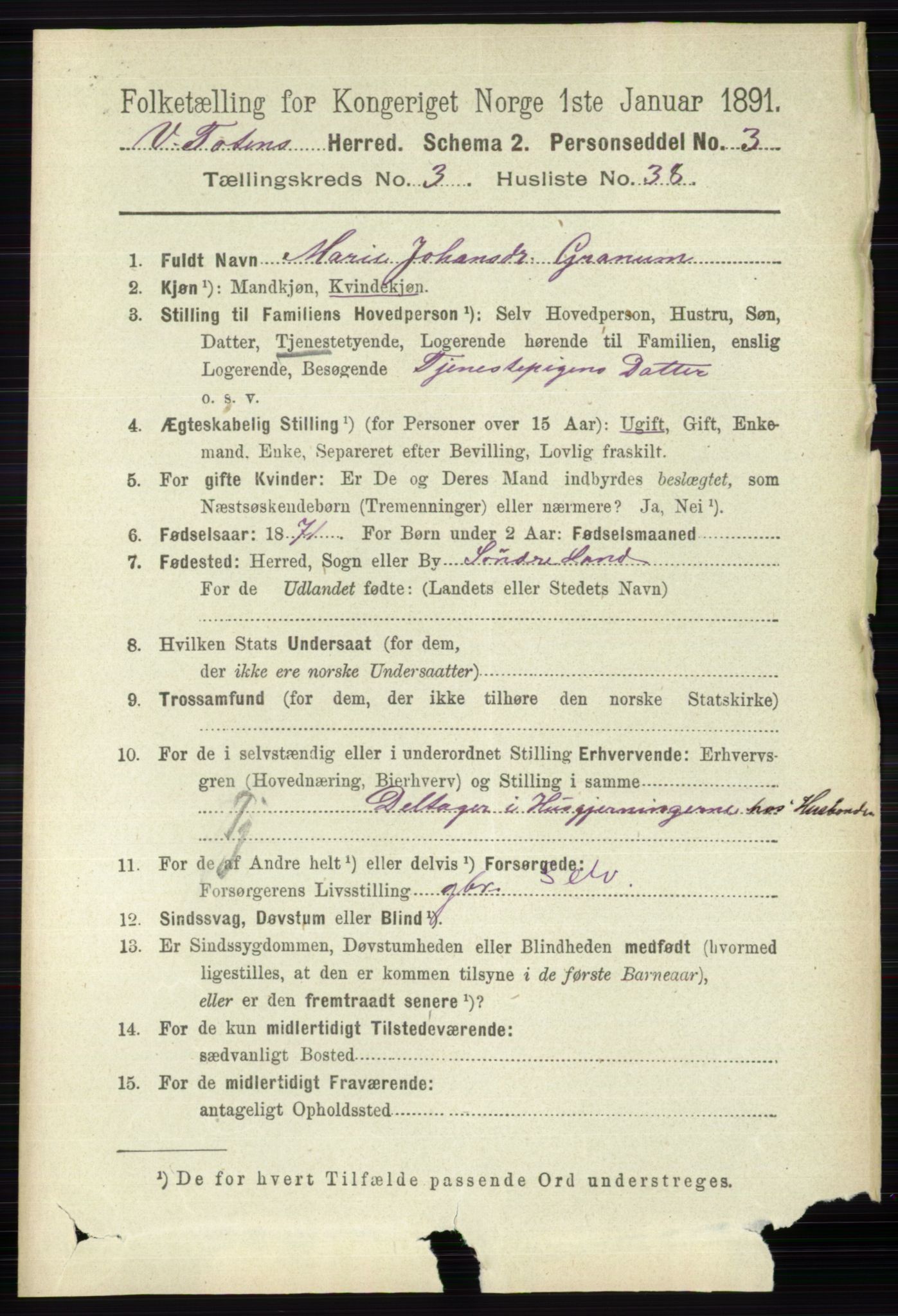 RA, 1891 census for 0529 Vestre Toten, 1891, p. 2186