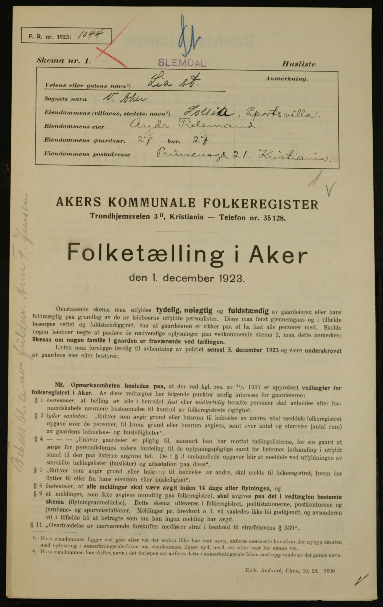 , Municipal Census 1923 for Aker, 1923, p. 14351