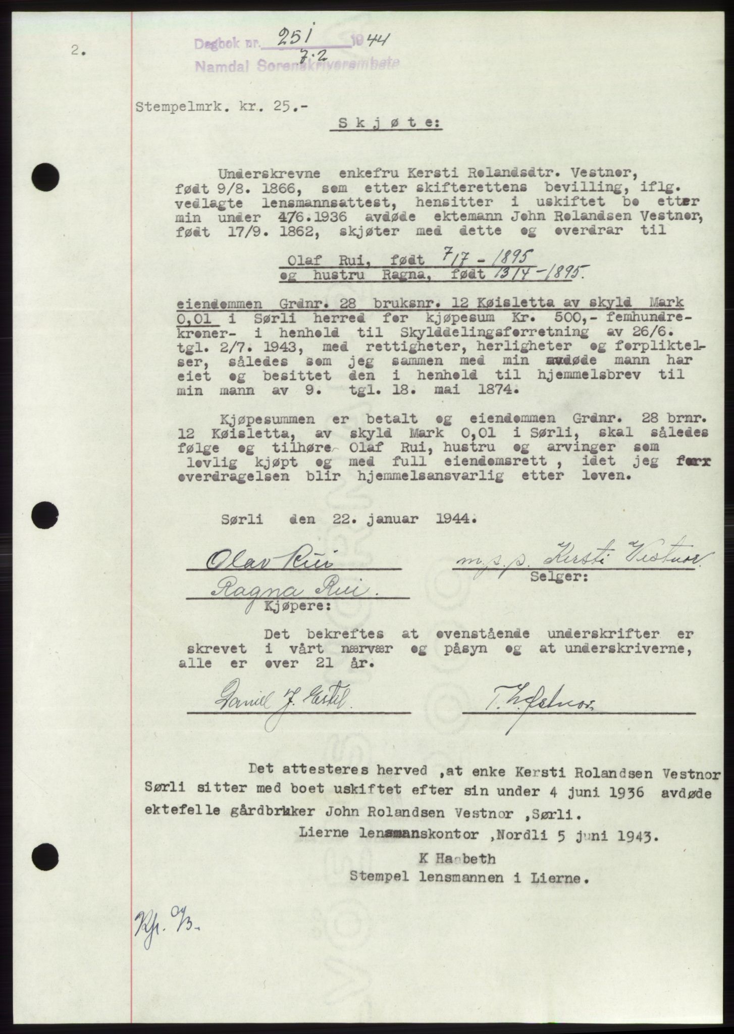 Namdal sorenskriveri, AV/SAT-A-4133/1/2/2C: Mortgage book no. -, 1943-1944, Diary no: : 251/1944