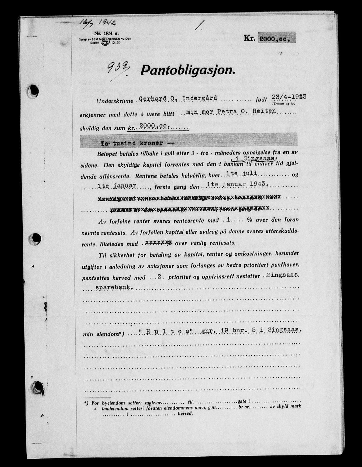 Gauldal sorenskriveri, SAT/A-0014/1/2/2C/L0055: Mortgage book no. 60, 1942-1942, Diary no: : 939/1942