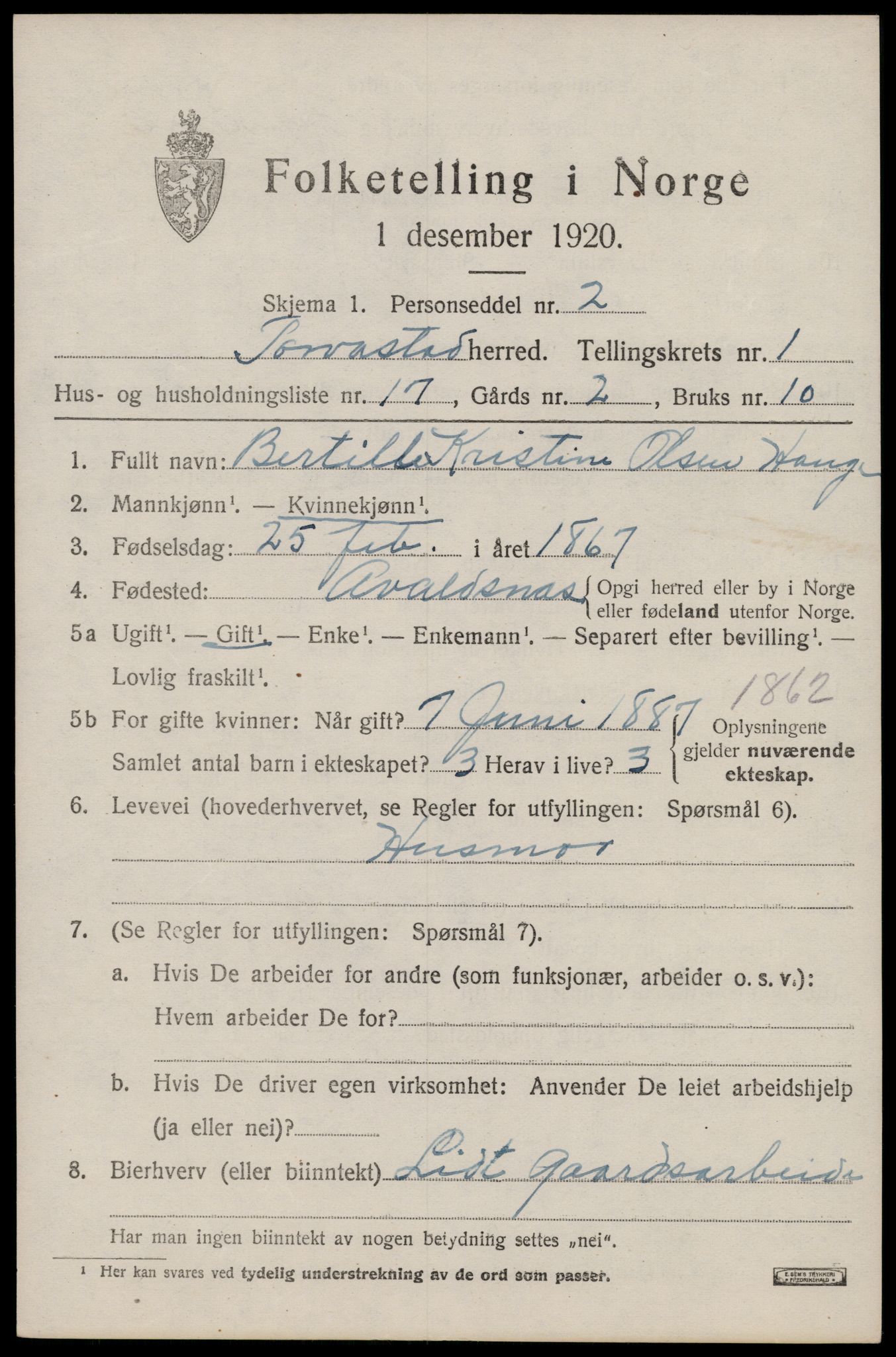 SAST, 1920 census for Torvastad, 1920, p. 1224