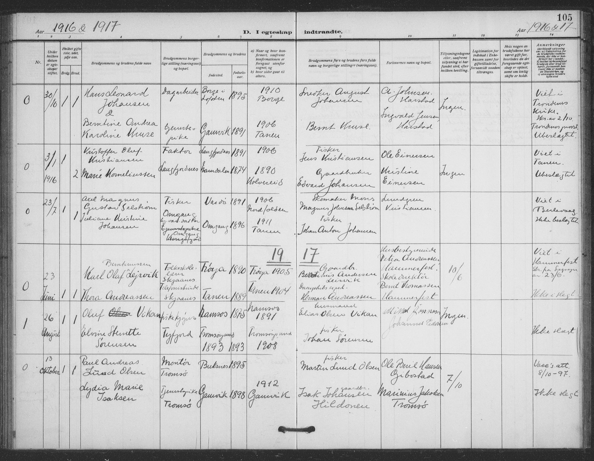 Tana sokneprestkontor, SATØ/S-1334/H/Ha/L0008kirke: Parish register (official) no. 8, 1908-1920, p. 105