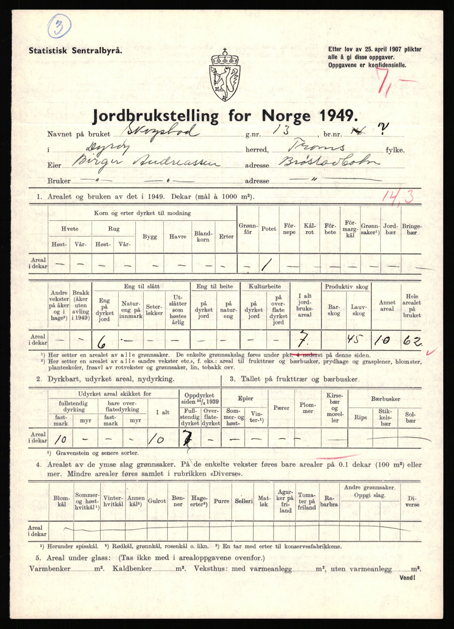 Statistisk sentralbyrå, Næringsøkonomiske emner, Jordbruk, skogbruk, jakt, fiske og fangst, AV/RA-S-2234/G/Gc/L0440: Troms: Sørreisa og Dyrøy, 1949, p. 944