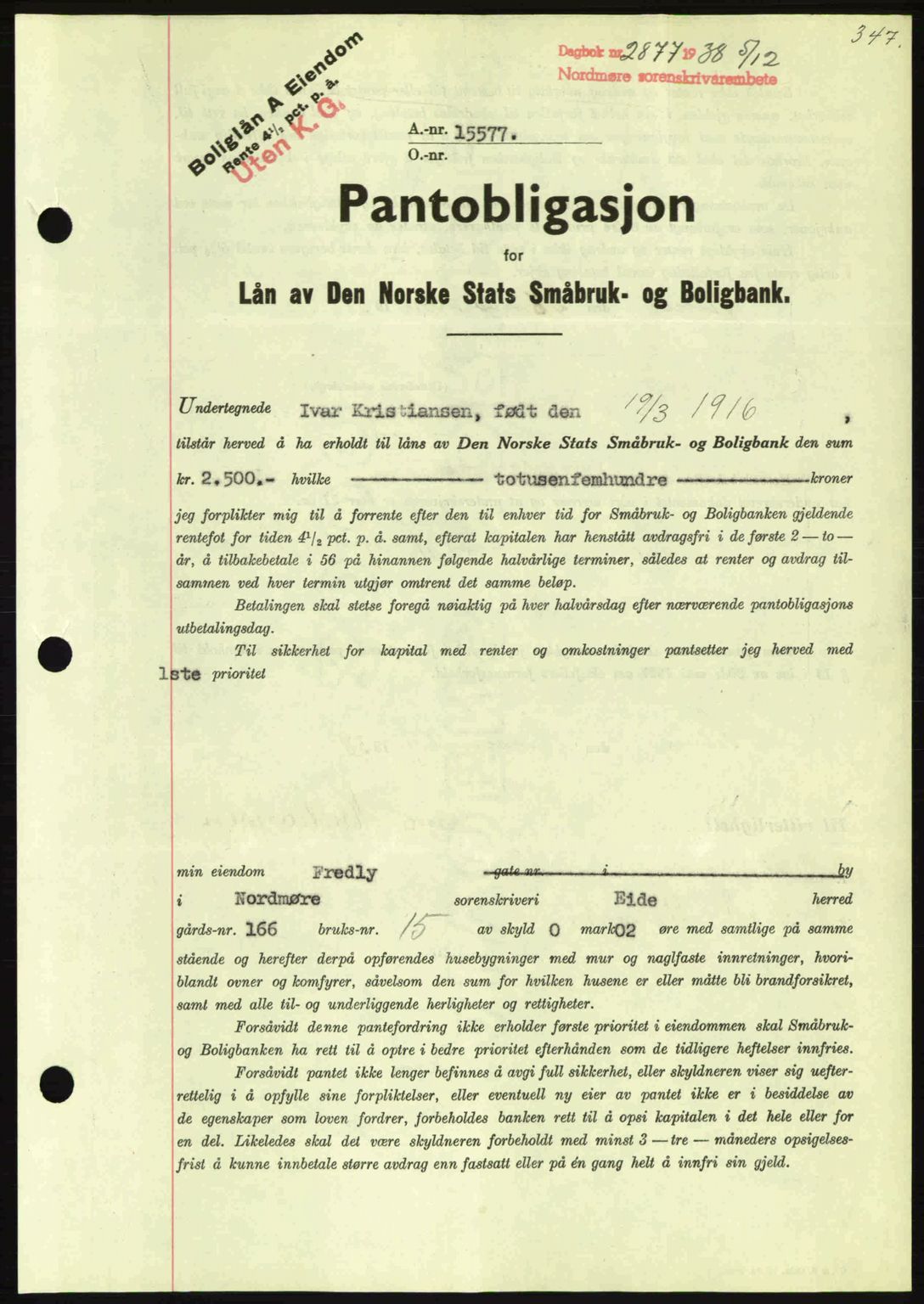 Nordmøre sorenskriveri, SAT/A-4132/1/2/2Ca: Mortgage book no. B84, 1938-1939, Diary no: : 2877/1938