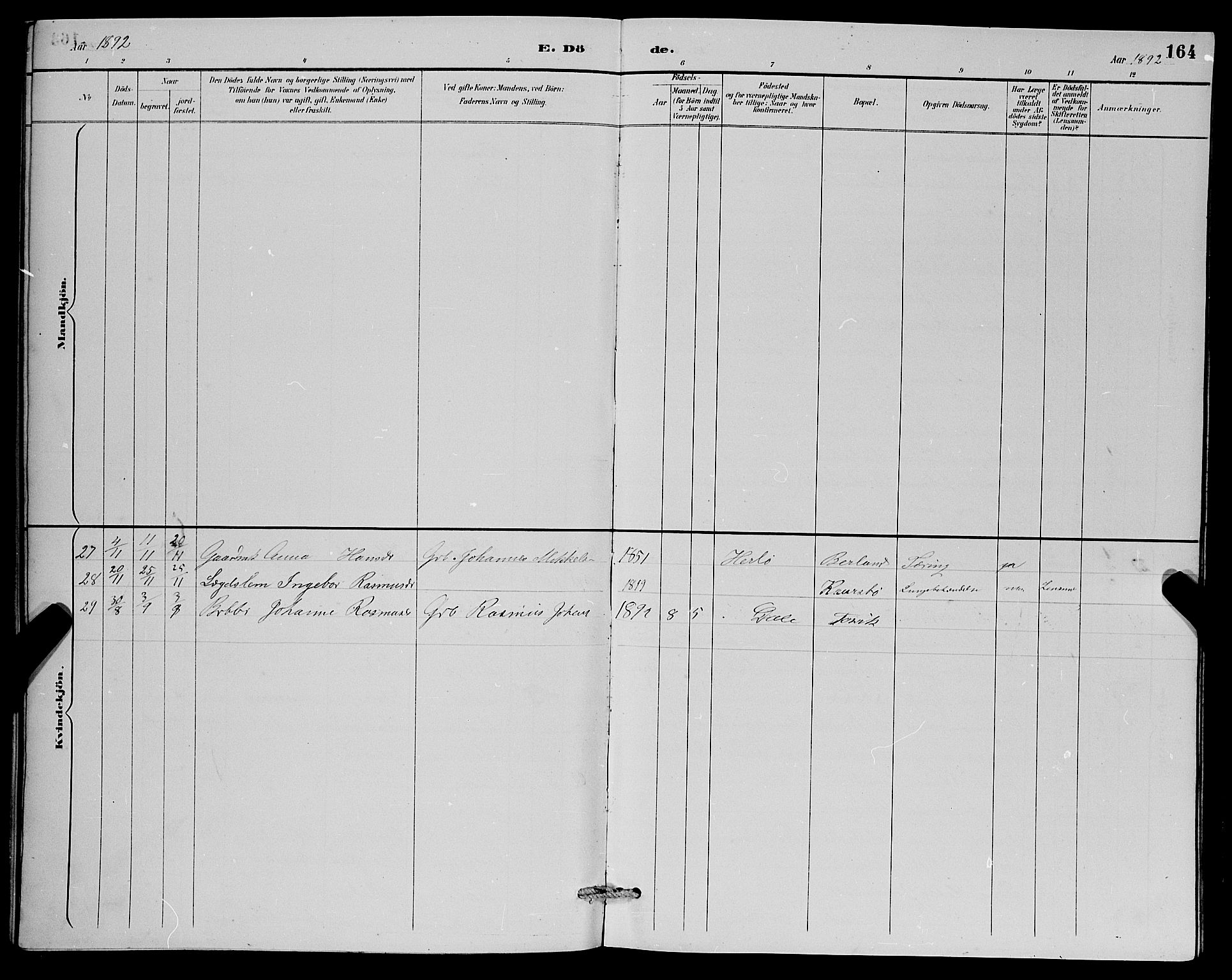 Herdla Sokneprestembete, SAB/A-75701/H/Hab: Parish register (copy) no. A 3, 1889-1899, p. 164