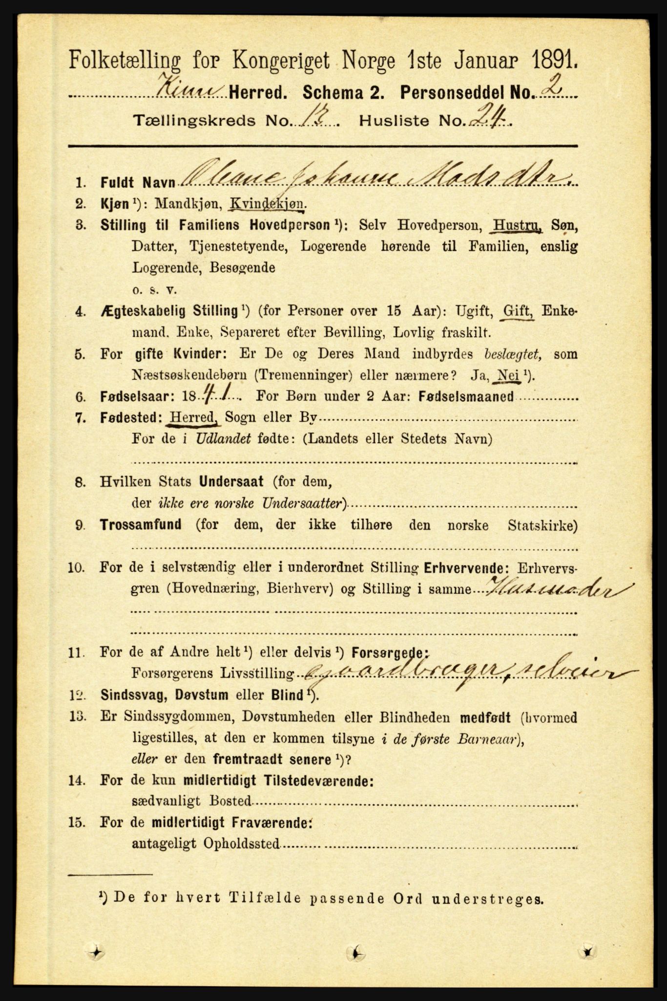 RA, 1891 census for 1437 Kinn, 1891, p. 5225
