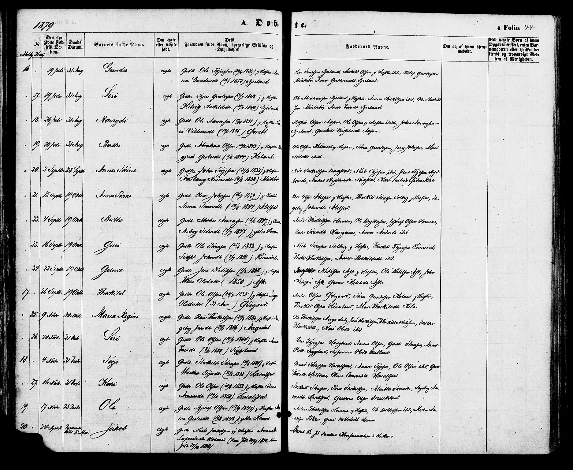 Bjelland sokneprestkontor, AV/SAK-1111-0005/F/Fa/Faa/L0003: Parish register (official) no. A 3, 1867-1887, p. 44