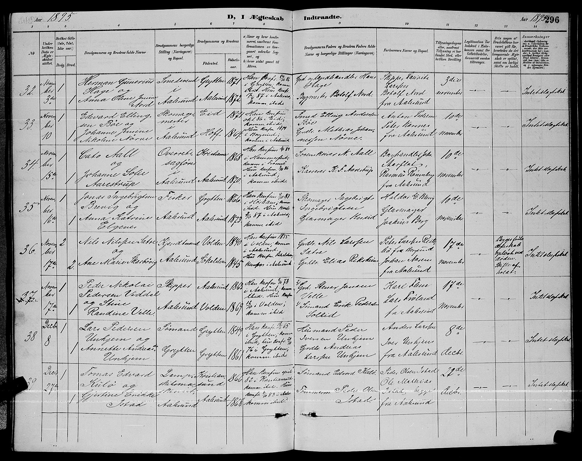 Ministerialprotokoller, klokkerbøker og fødselsregistre - Møre og Romsdal, AV/SAT-A-1454/529/L0467: Parish register (copy) no. 529C04, 1889-1897, p. 296