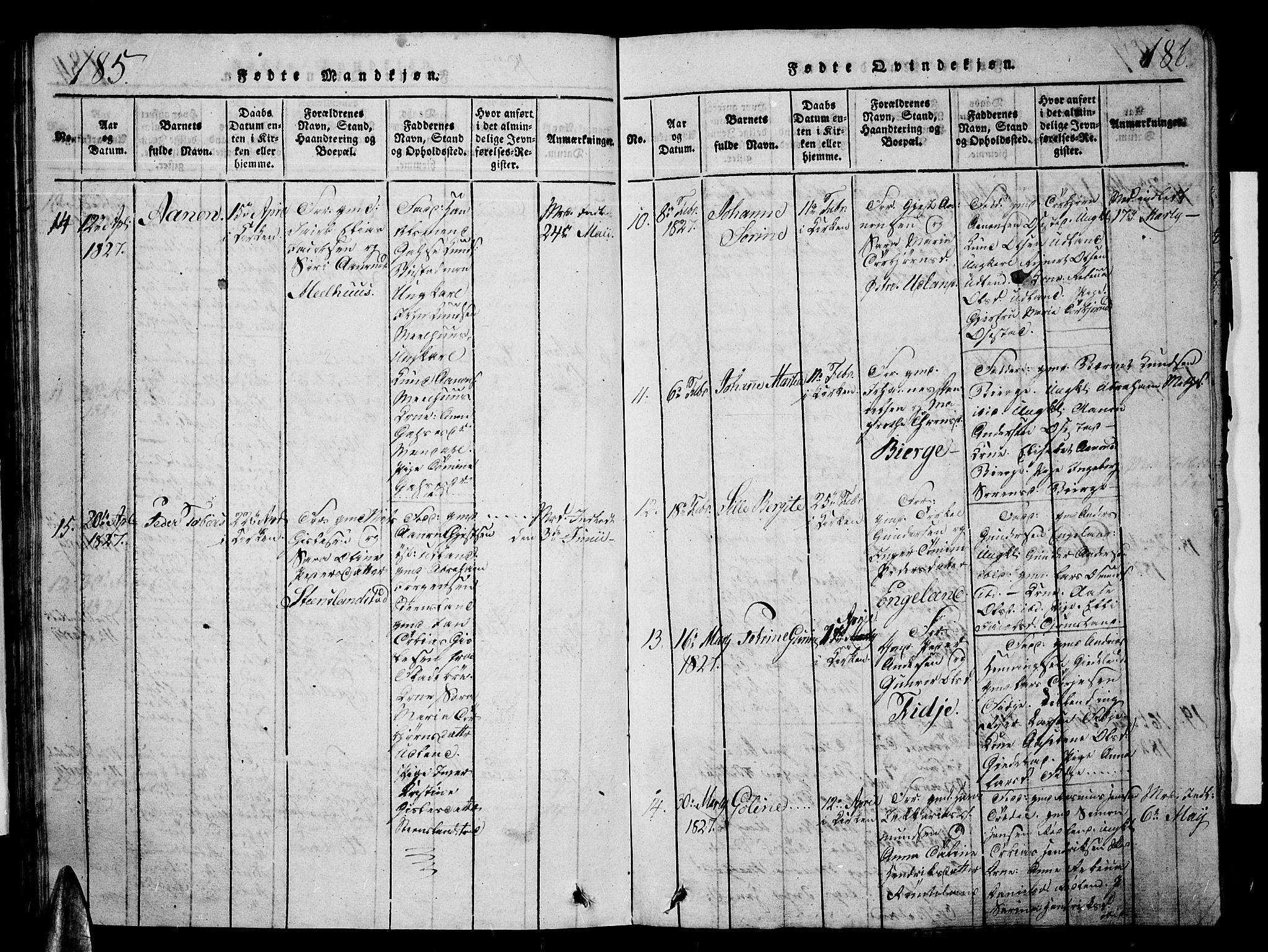 Sør-Audnedal sokneprestkontor, AV/SAK-1111-0039/F/Fb/Fbb/L0001: Parish register (copy) no. B 1, 1815-1827, p. 185-186