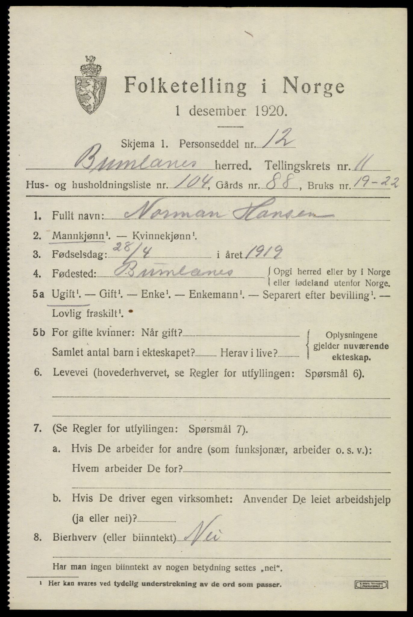 SAKO, 1920 census for Brunlanes, 1920, p. 10483