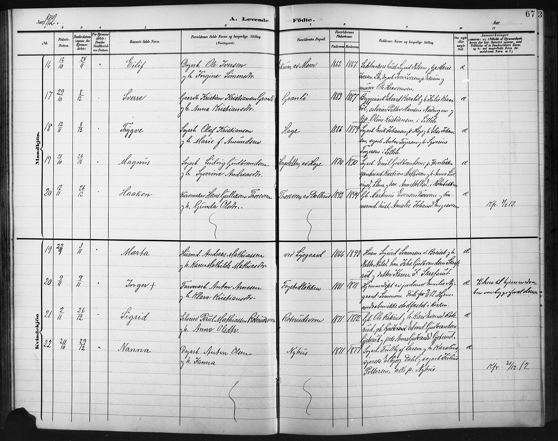 Fåberg prestekontor, AV/SAH-PREST-086/H/Ha/Hab/L0012: Parish register (copy) no. 12, 1903-1924, p. 67