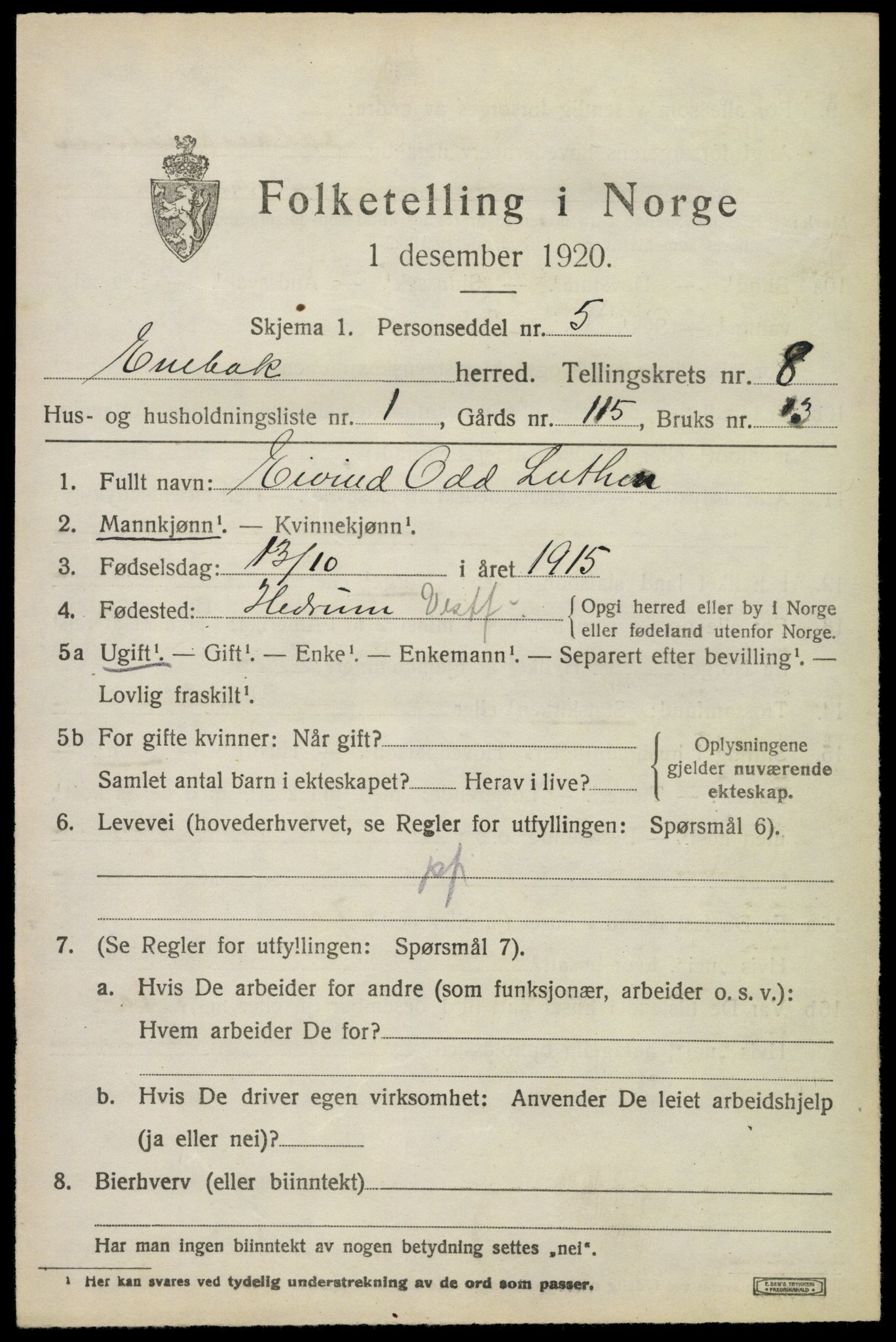 SAO, 1920 census for Enebakk, 1920, p. 6995