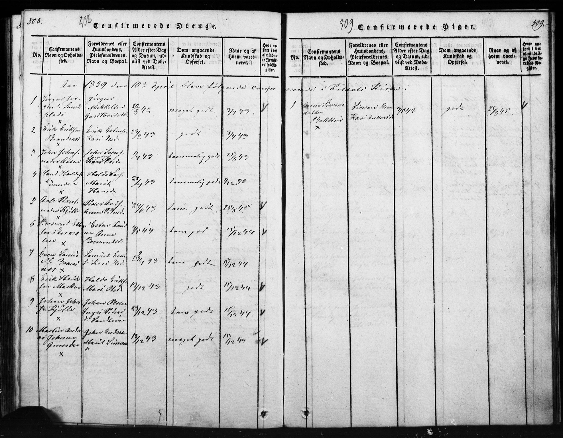 Tynset prestekontor, SAH/PREST-058/H/Ha/Hab/L0003: Parish register (copy) no. 3, 1814-1862, p. 508-509