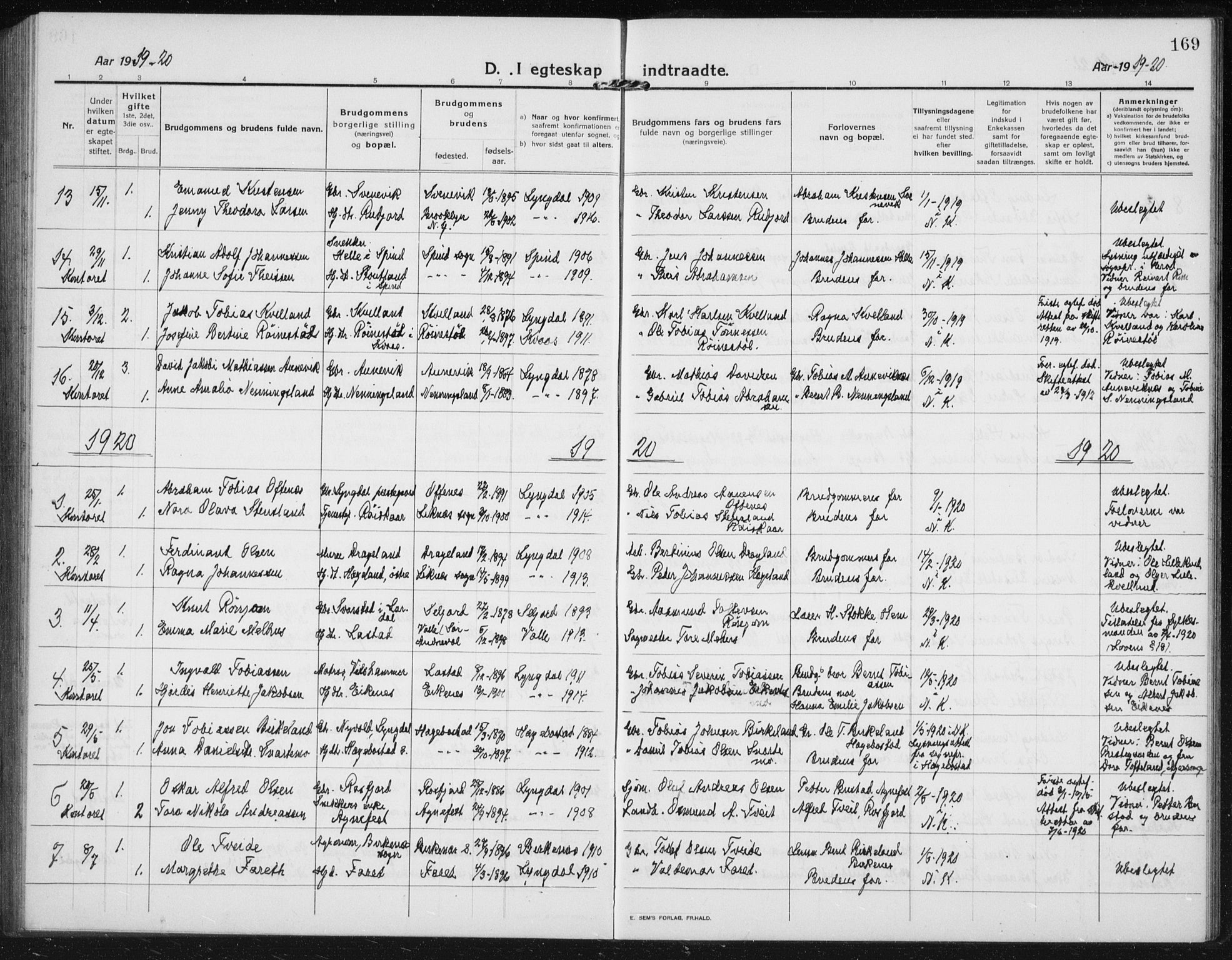 Lyngdal sokneprestkontor, AV/SAK-1111-0029/F/Fb/Fbc/L0006: Parish register (copy) no. B 6, 1914-1934, p. 169