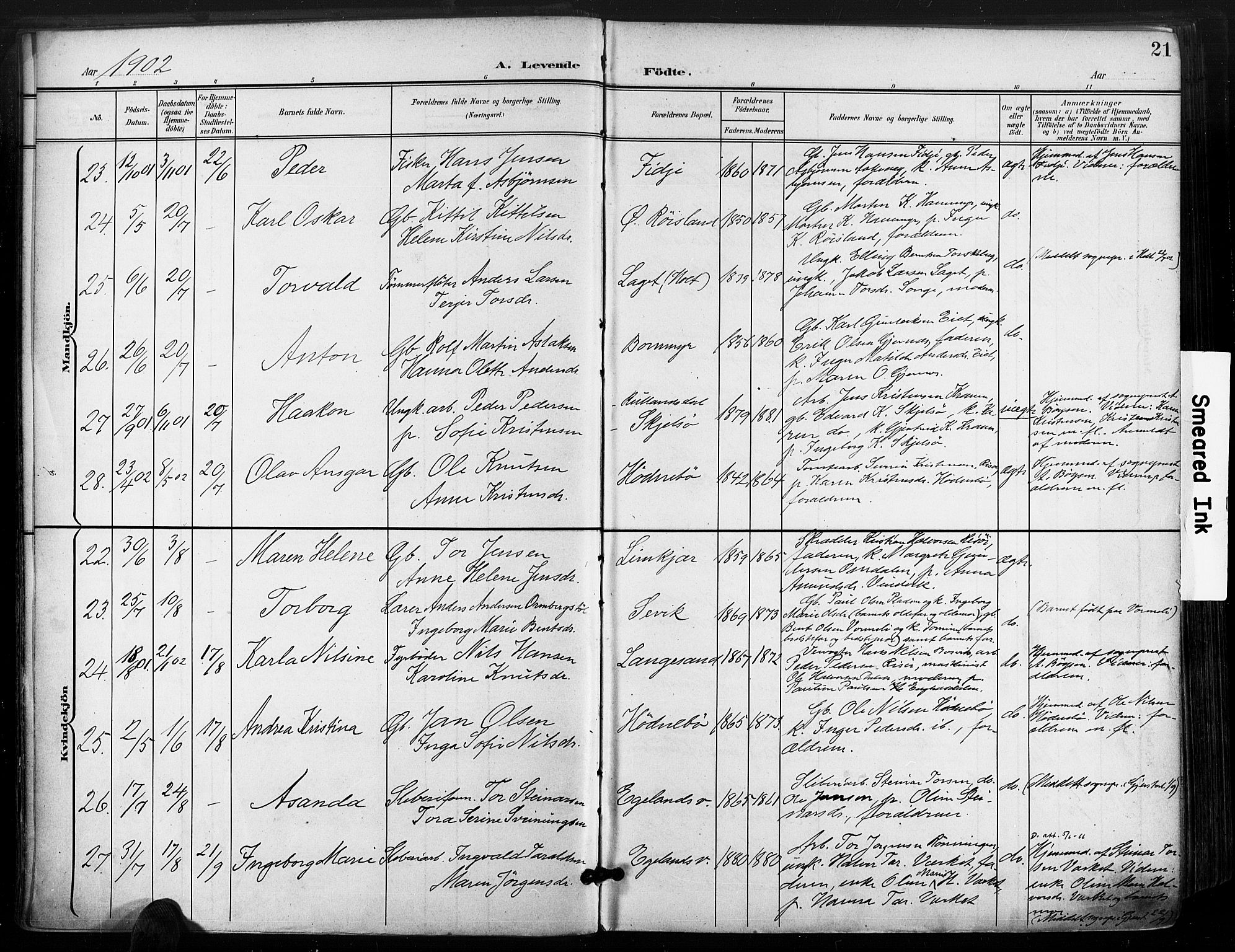 Søndeled sokneprestkontor, AV/SAK-1111-0038/F/Fa/L0006: Parish register (official) no. A 6, 1900-1922, p. 21