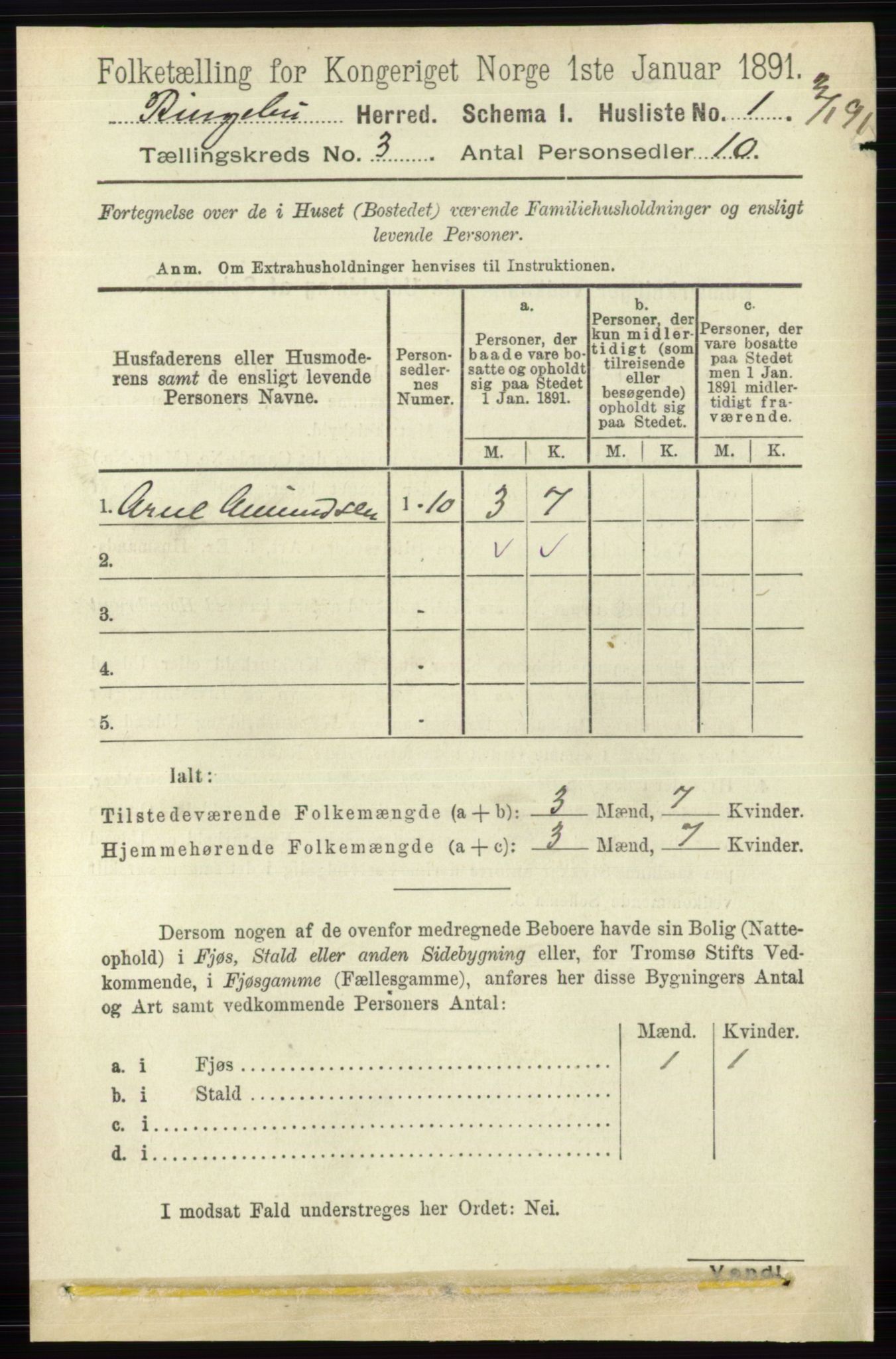 RA, 1891 census for 0520 Ringebu, 1891, p. 627