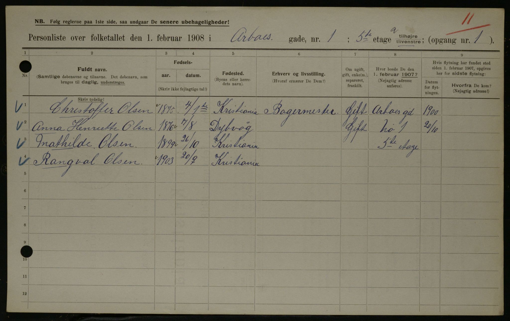 OBA, Municipal Census 1908 for Kristiania, 1908, p. 1920