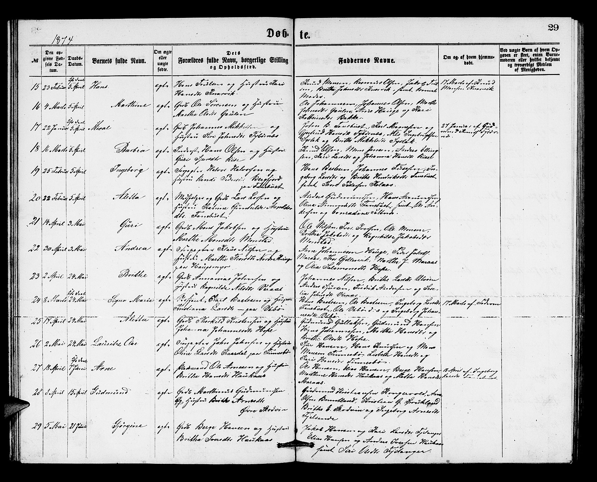 Lindås Sokneprestembete, SAB/A-76701/H/Hab: Parish register (copy) no. B 2, 1867-1885, p. 29