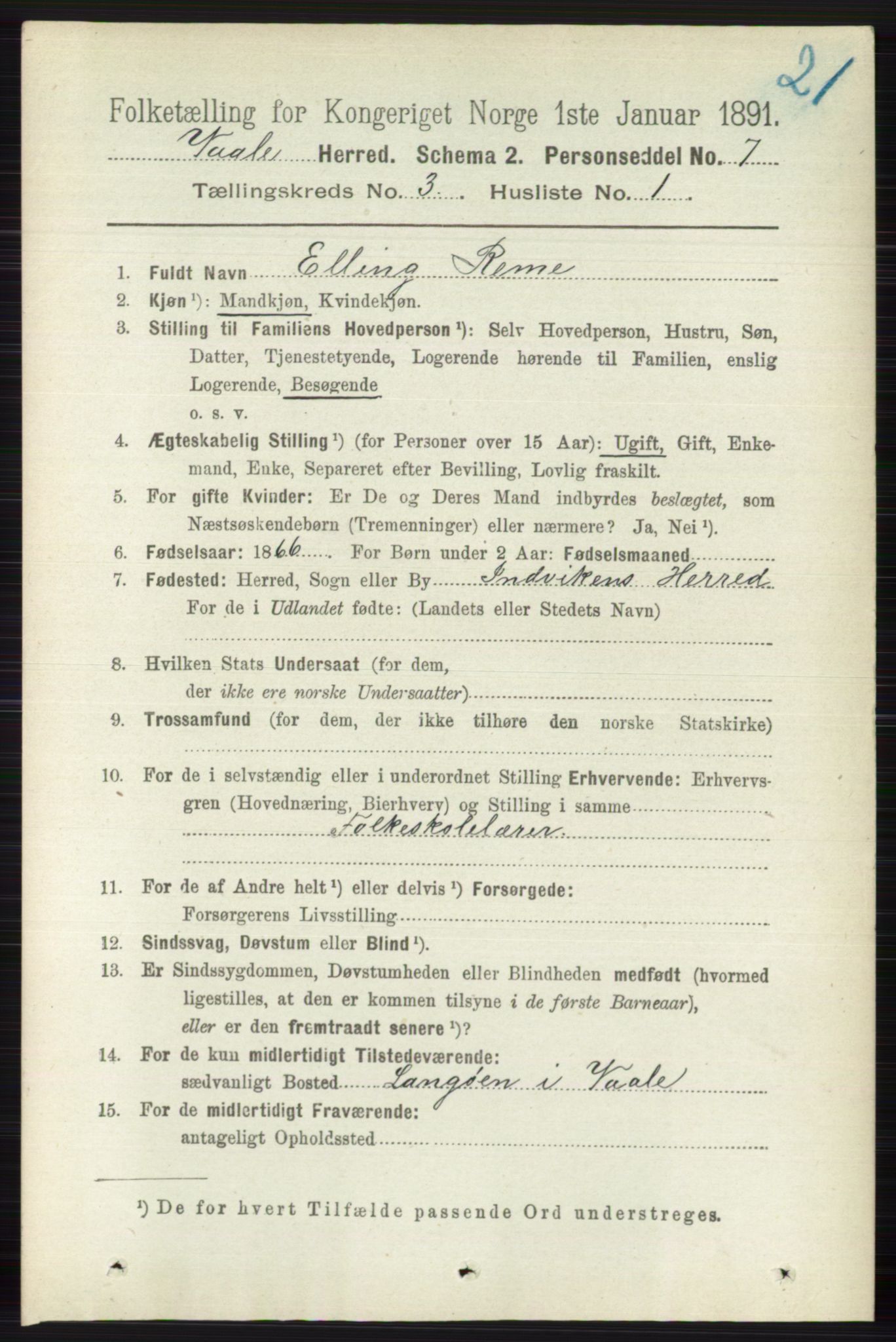 RA, 1891 census for 0716 Våle, 1891, p. 557