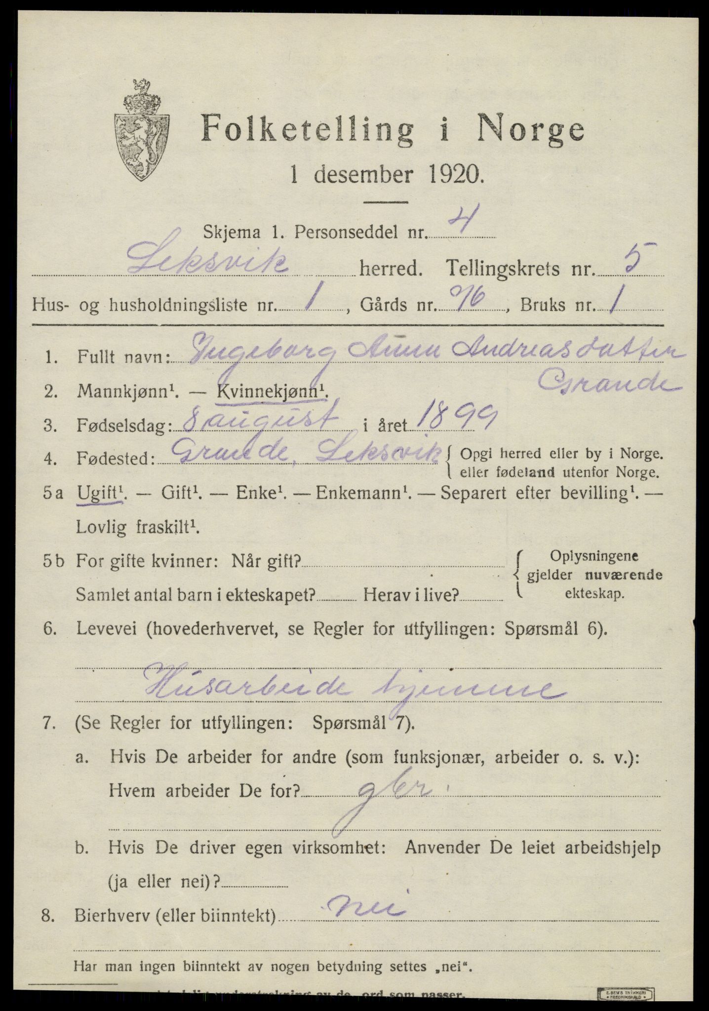 SAT, 1920 census for Leksvik, 1920, p. 4822