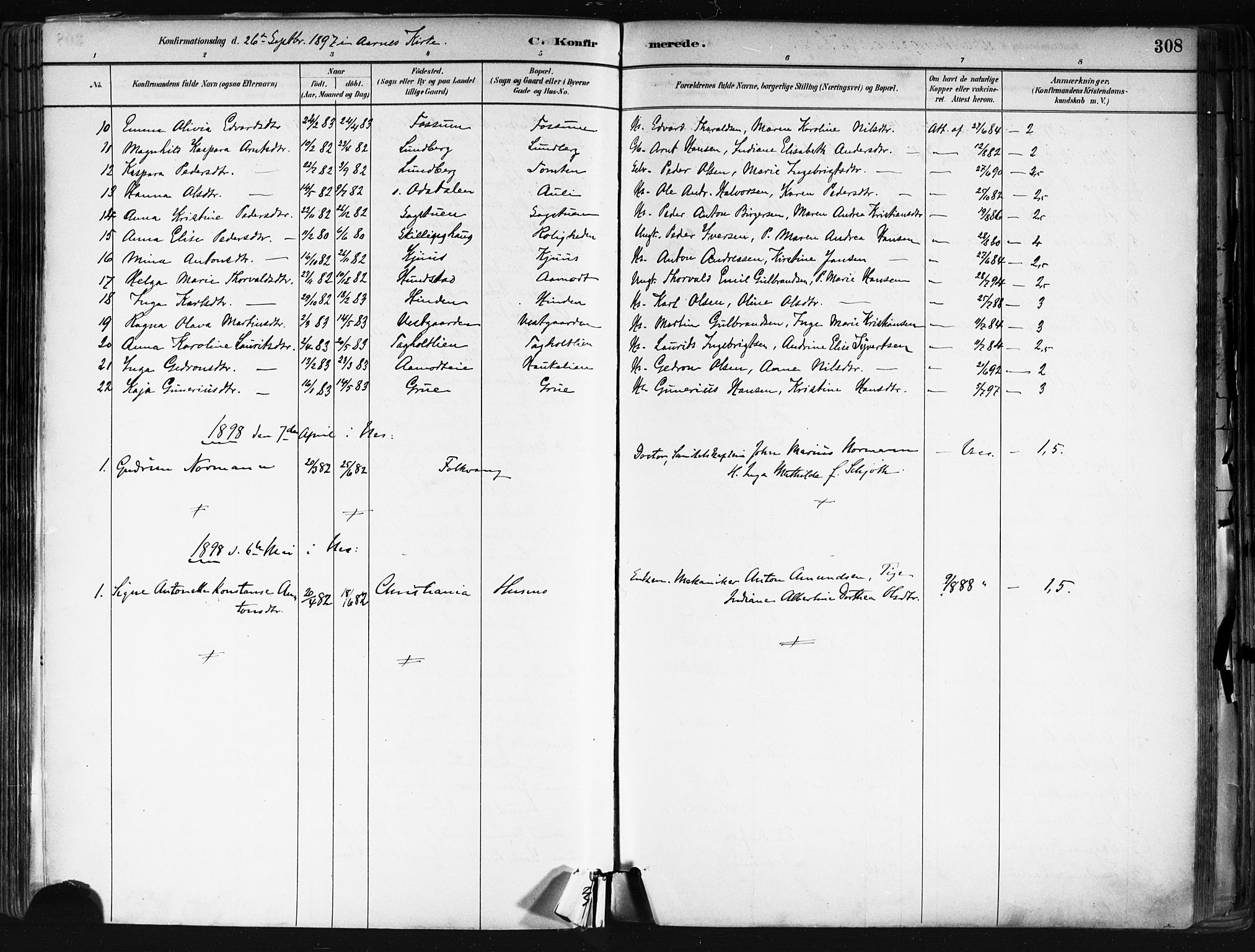 Nes prestekontor Kirkebøker, SAO/A-10410/F/Fa/L0010: Parish register (official) no. I 10, 1883-1898, p. 308
