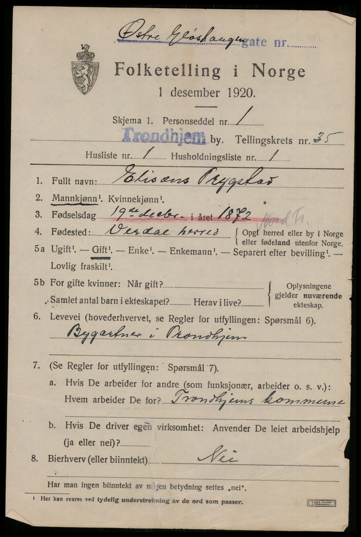 SAT, 1920 census for Trondheim, 1920, p. 81102