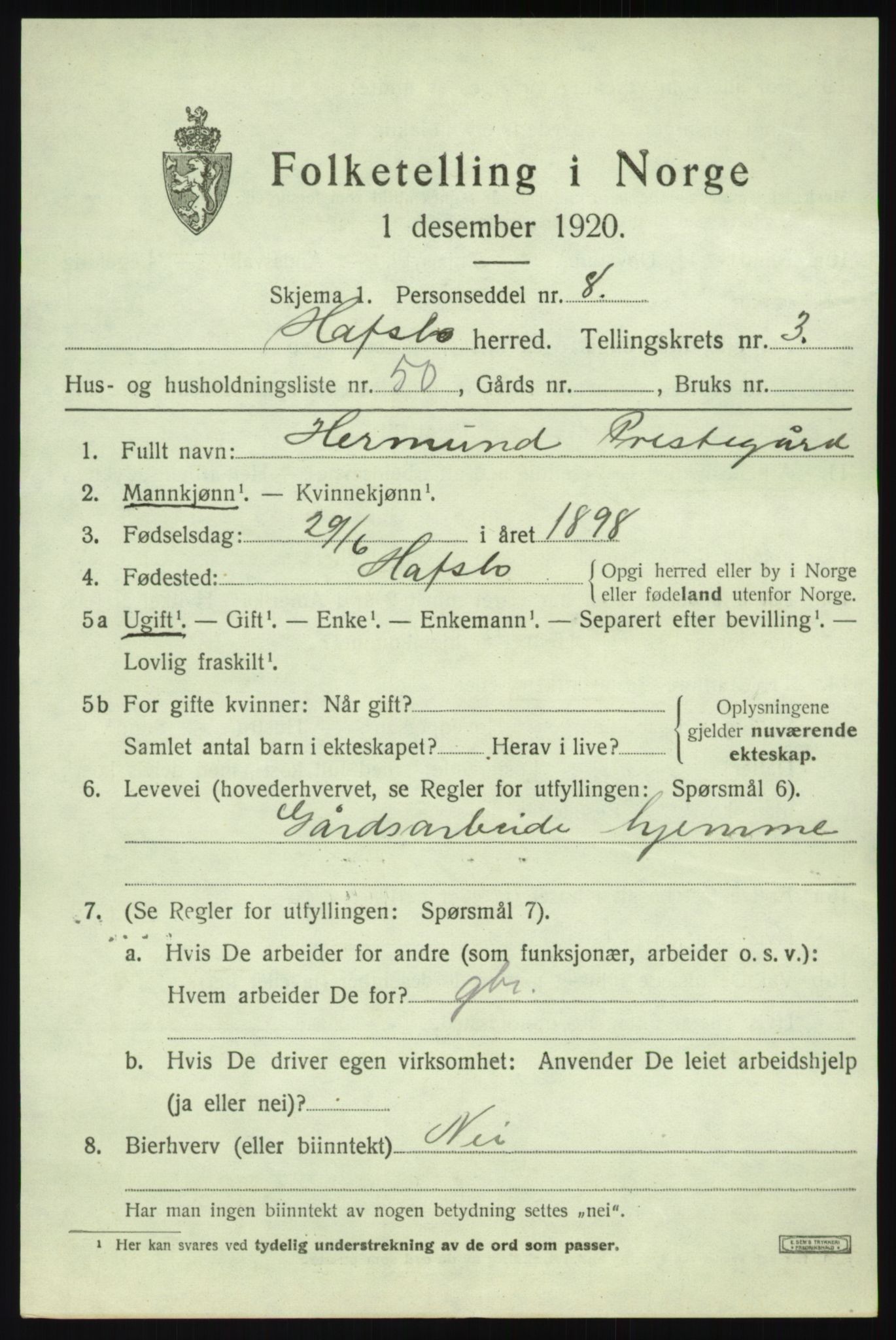 SAB, 1920 census for Hafslo, 1920, p. 2622