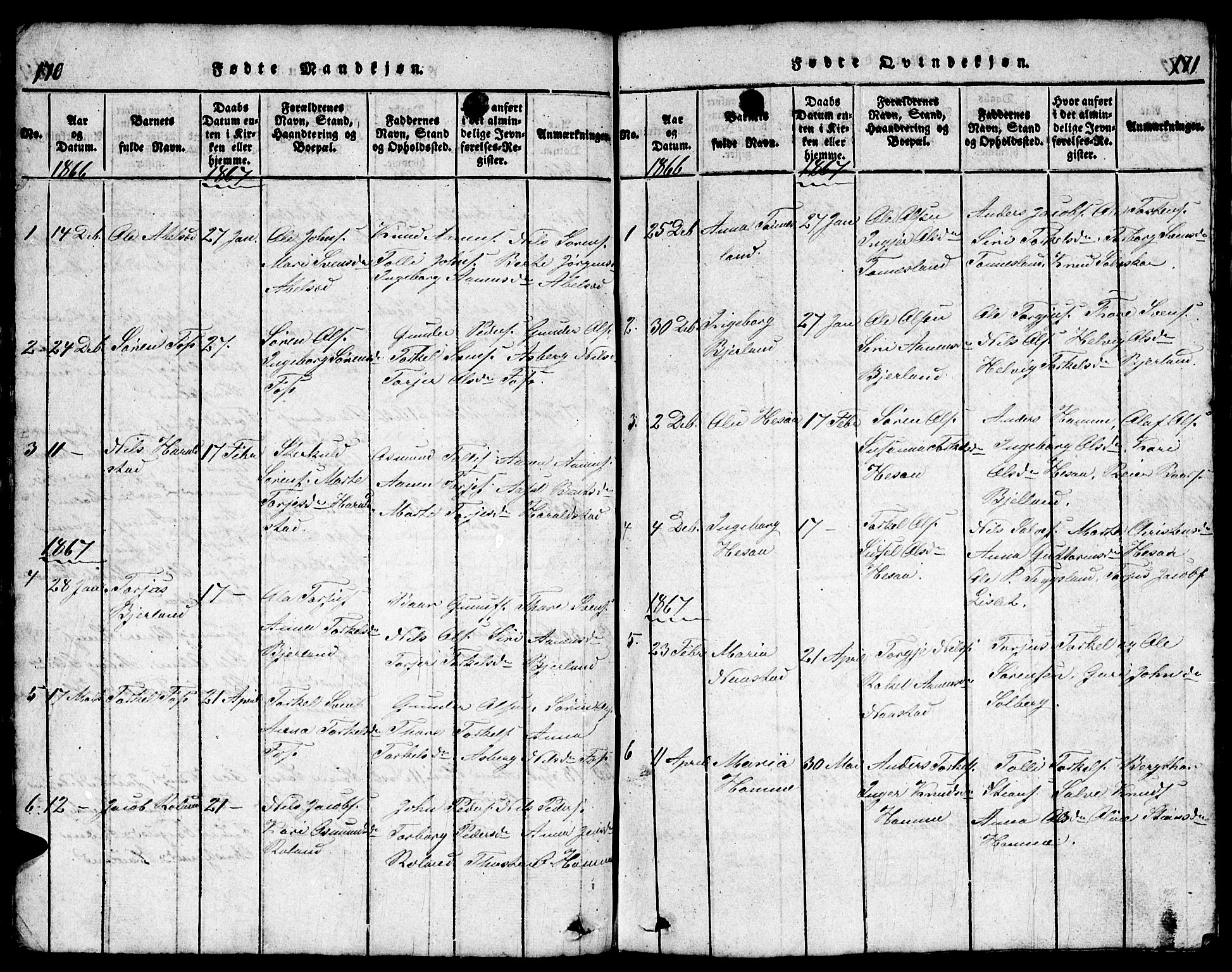 Bjelland sokneprestkontor, SAK/1111-0005/F/Fb/Fba/L0003: Parish register (copy) no. B 3, 1816-1870, p. 170-171