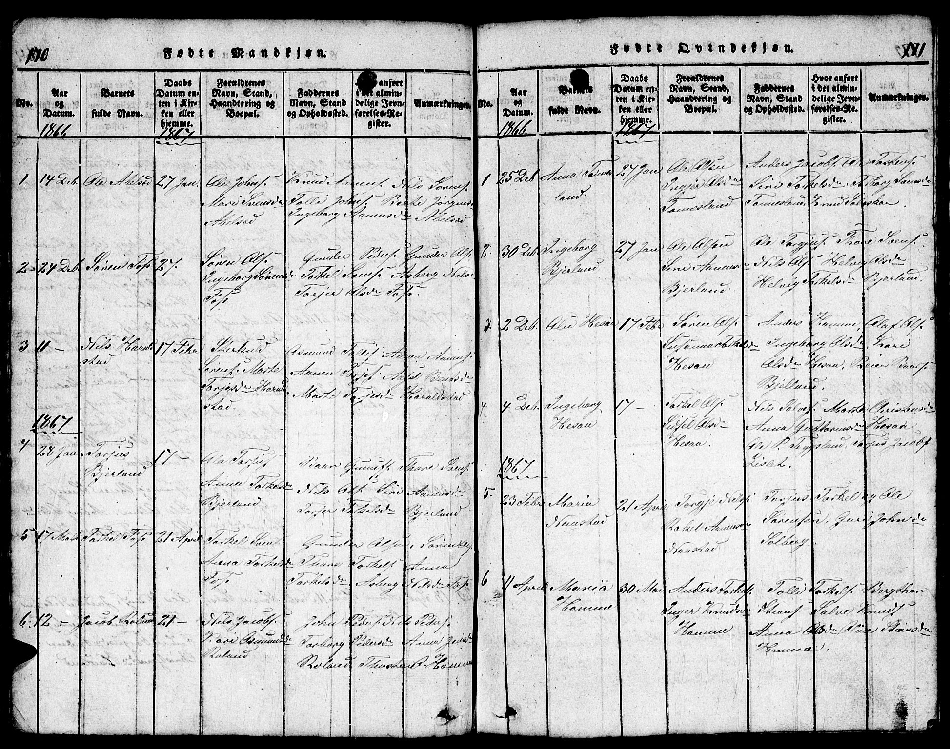 Bjelland sokneprestkontor, AV/SAK-1111-0005/F/Fb/Fba/L0003: Parish register (copy) no. B 3, 1816-1870, p. 170-171