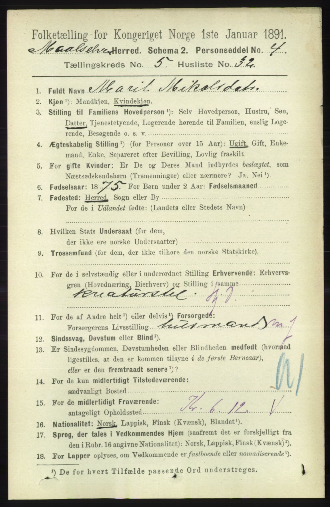 RA, 1891 census for 1924 Målselv, 1891, p. 1830