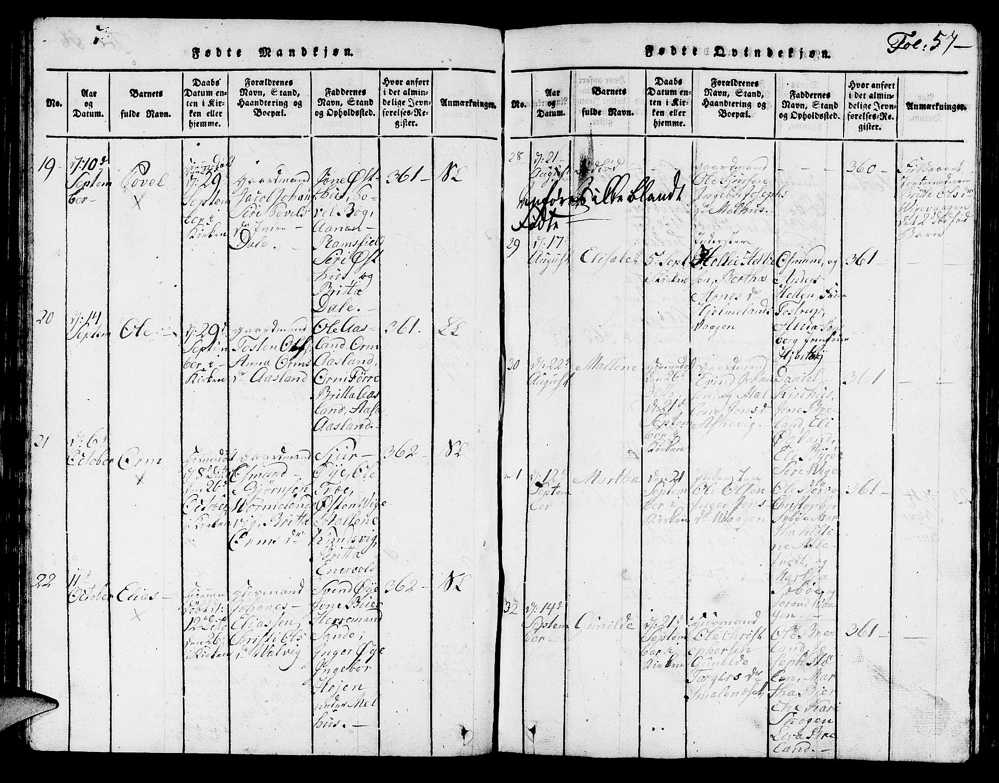 Hjelmeland sokneprestkontor, AV/SAST-A-101843/01/V/L0001: Parish register (copy) no. B 1, 1816-1841, p. 57