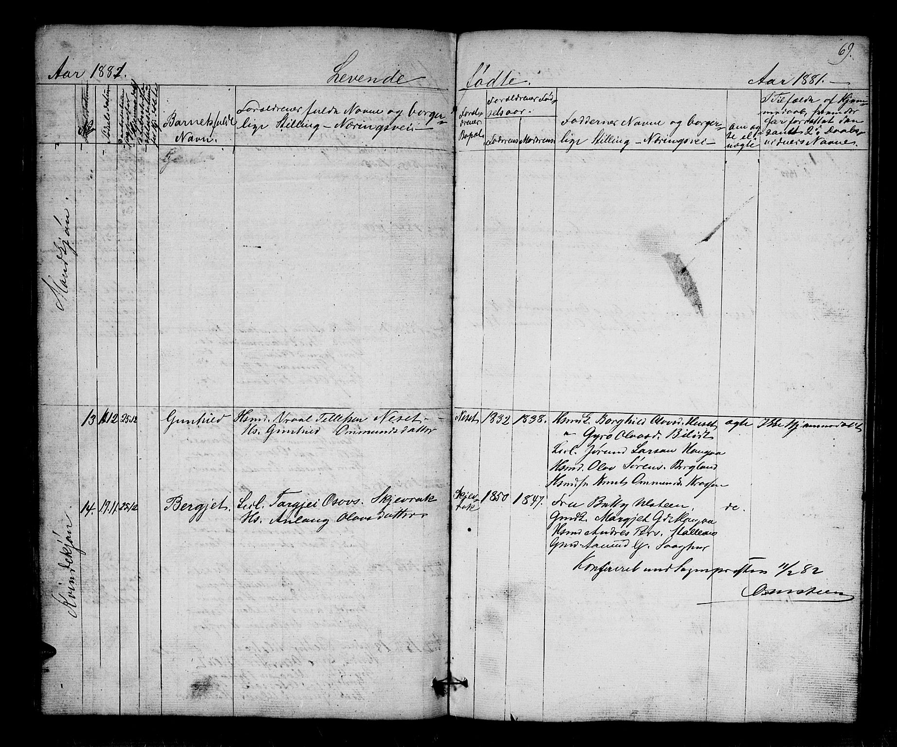 Bygland sokneprestkontor, AV/SAK-1111-0006/F/Fb/Fbb/L0002: Parish register (copy) no. B 2, 1848-1886, p. 69