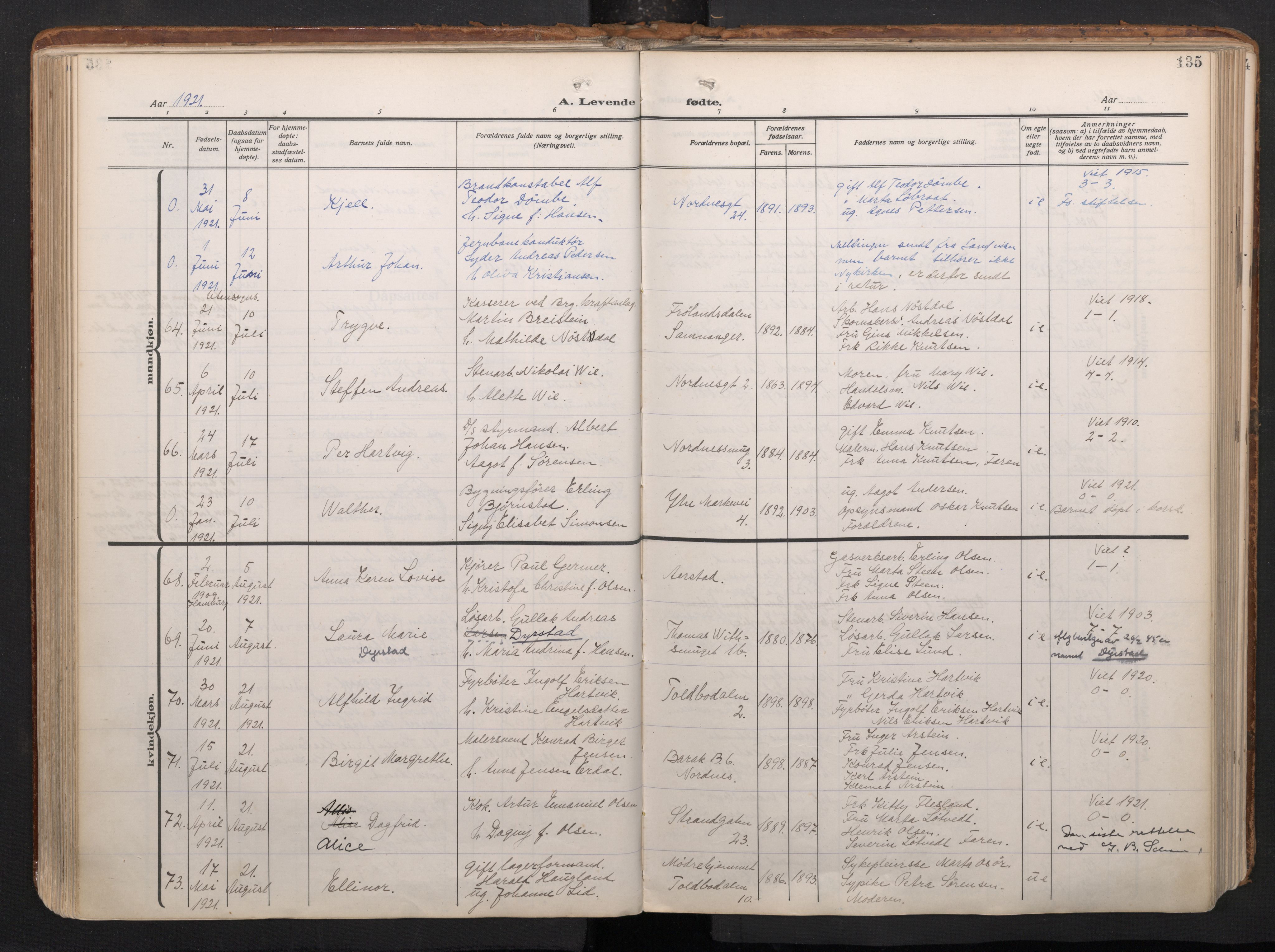 Nykirken Sokneprestembete, AV/SAB-A-77101/H/Haa/L0020: Parish register (official) no. B 8, 1916-1933, p. 134b-135a