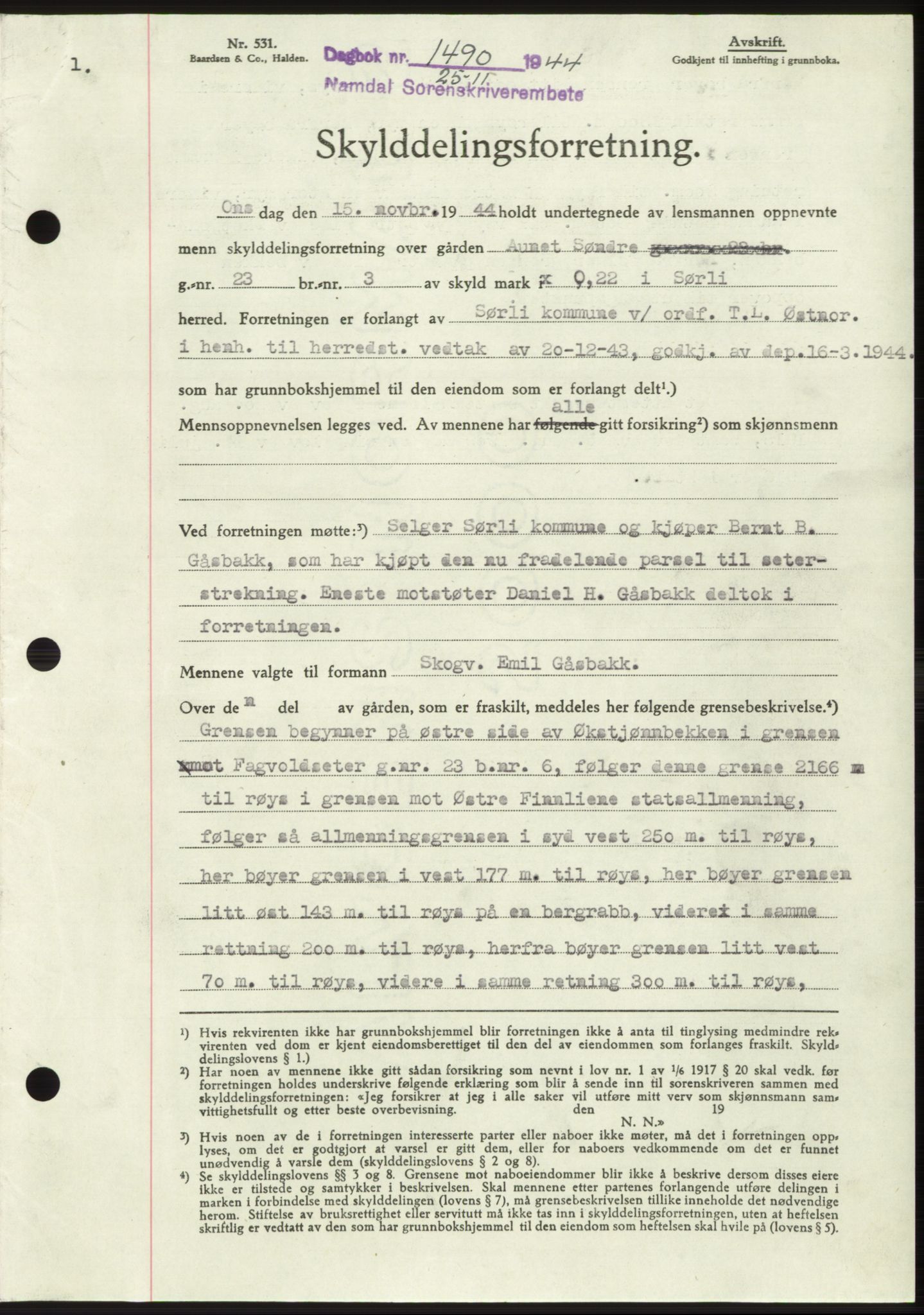 Namdal sorenskriveri, SAT/A-4133/1/2/2C: Mortgage book no. -, 1944-1945, Diary no: : 1490/1944