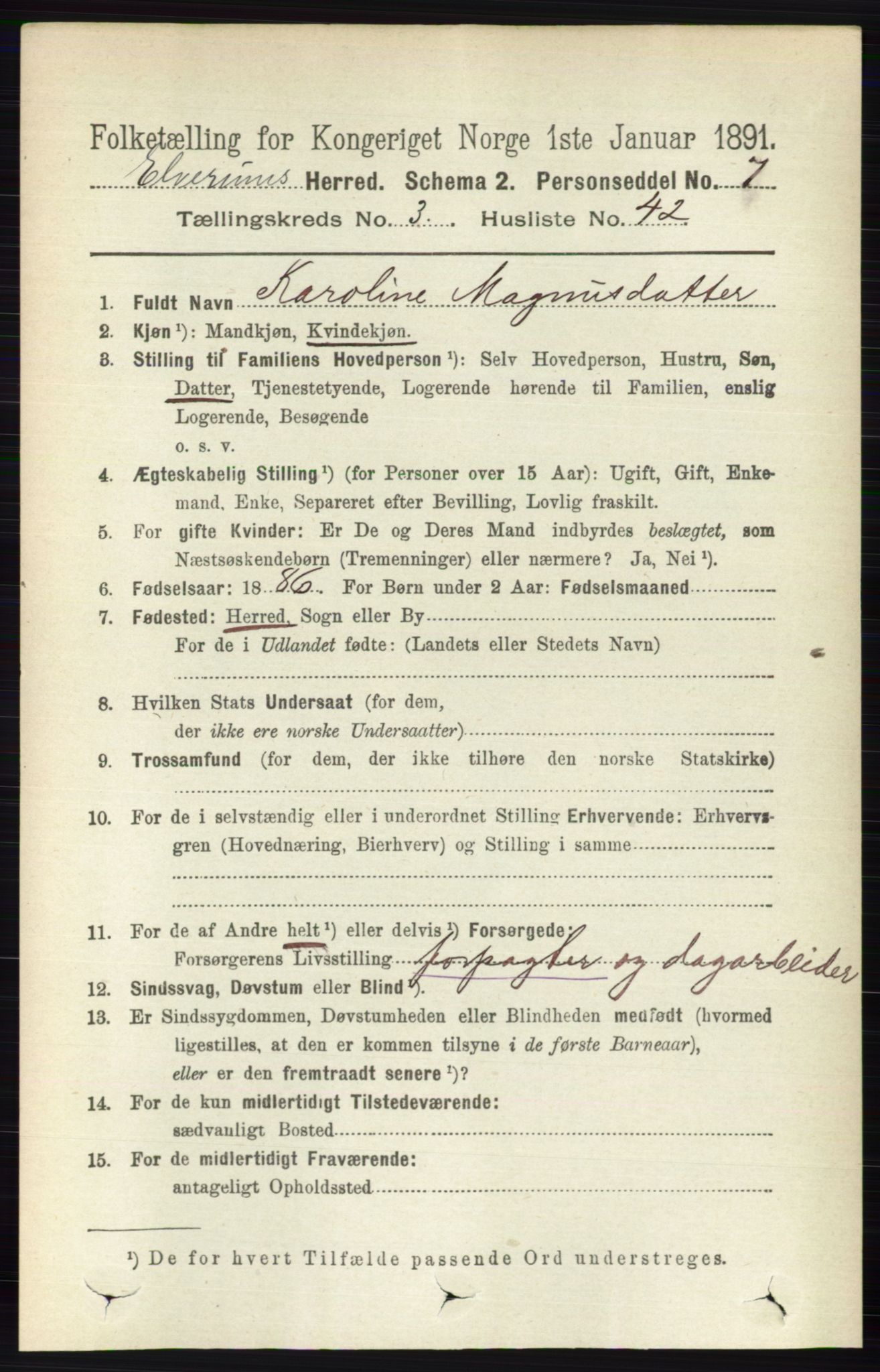 RA, 1891 census for 0427 Elverum, 1891, p. 2114