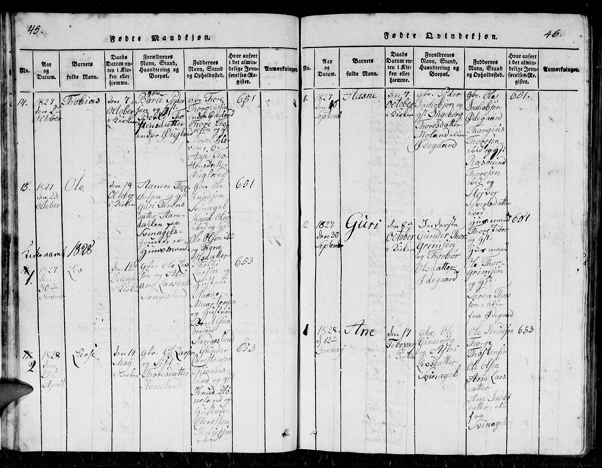 Holum sokneprestkontor, AV/SAK-1111-0022/F/Fb/Fbb/L0001: Parish register (copy) no. B 1, 1820-1847, p. 45-46