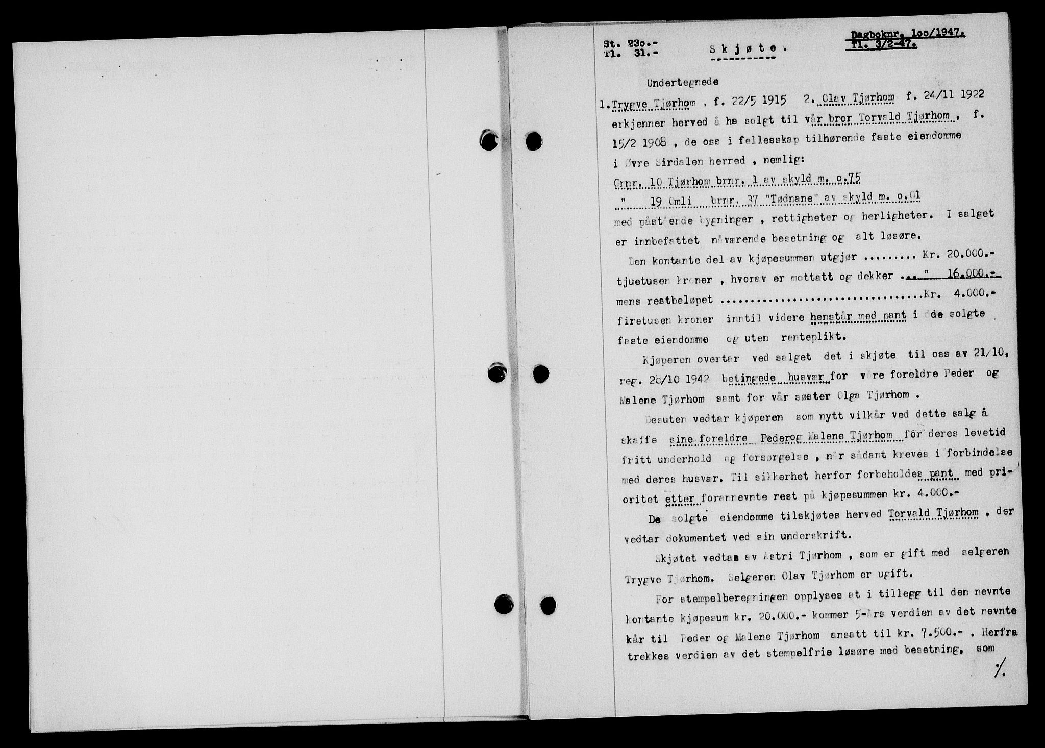 Flekkefjord sorenskriveri, AV/SAK-1221-0001/G/Gb/Gba/L0061: Mortgage book no. A-9, 1946-1947, Diary no: : 100/1947