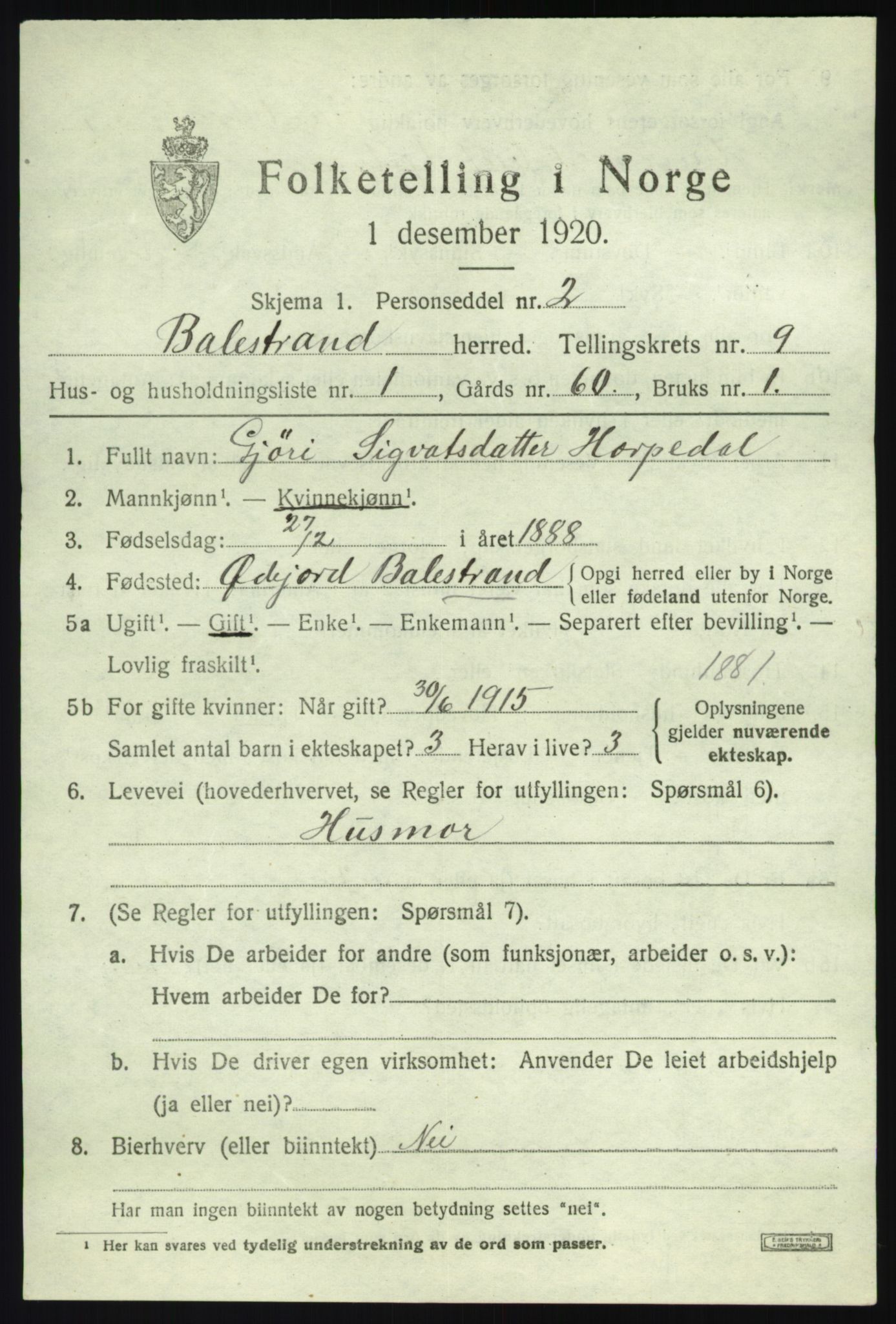 SAB, 1920 census for Balestrand, 1920, p. 3922