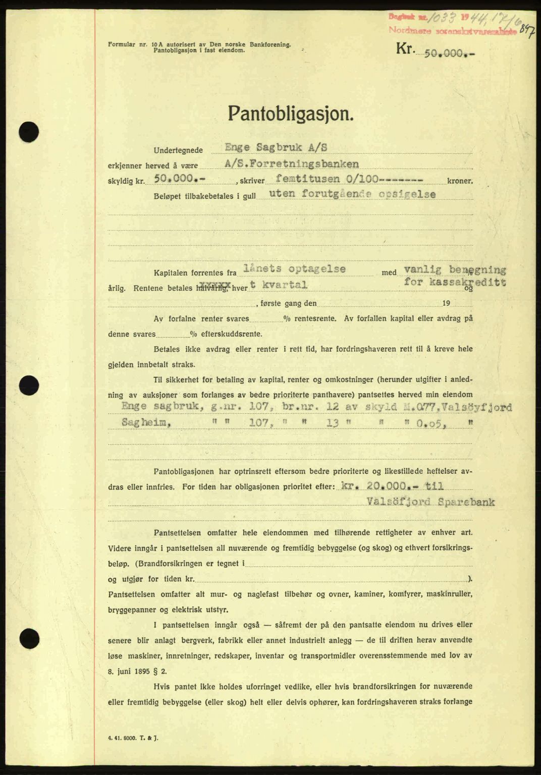 Nordmøre sorenskriveri, AV/SAT-A-4132/1/2/2Ca: Mortgage book no. B91, 1943-1944, Diary no: : 1033/1944