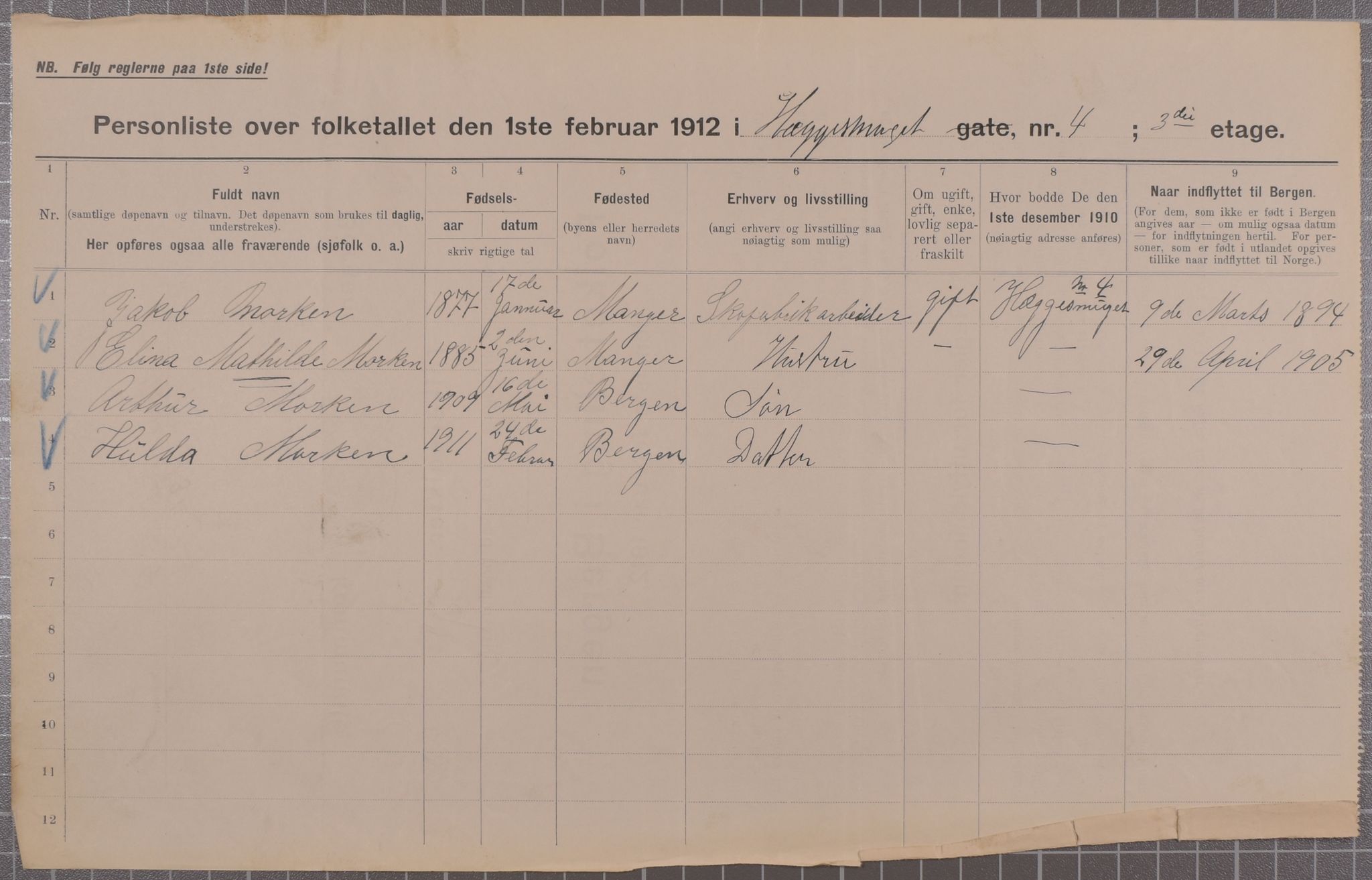 SAB, Municipal Census 1912 for Bergen, 1912, p. 1951