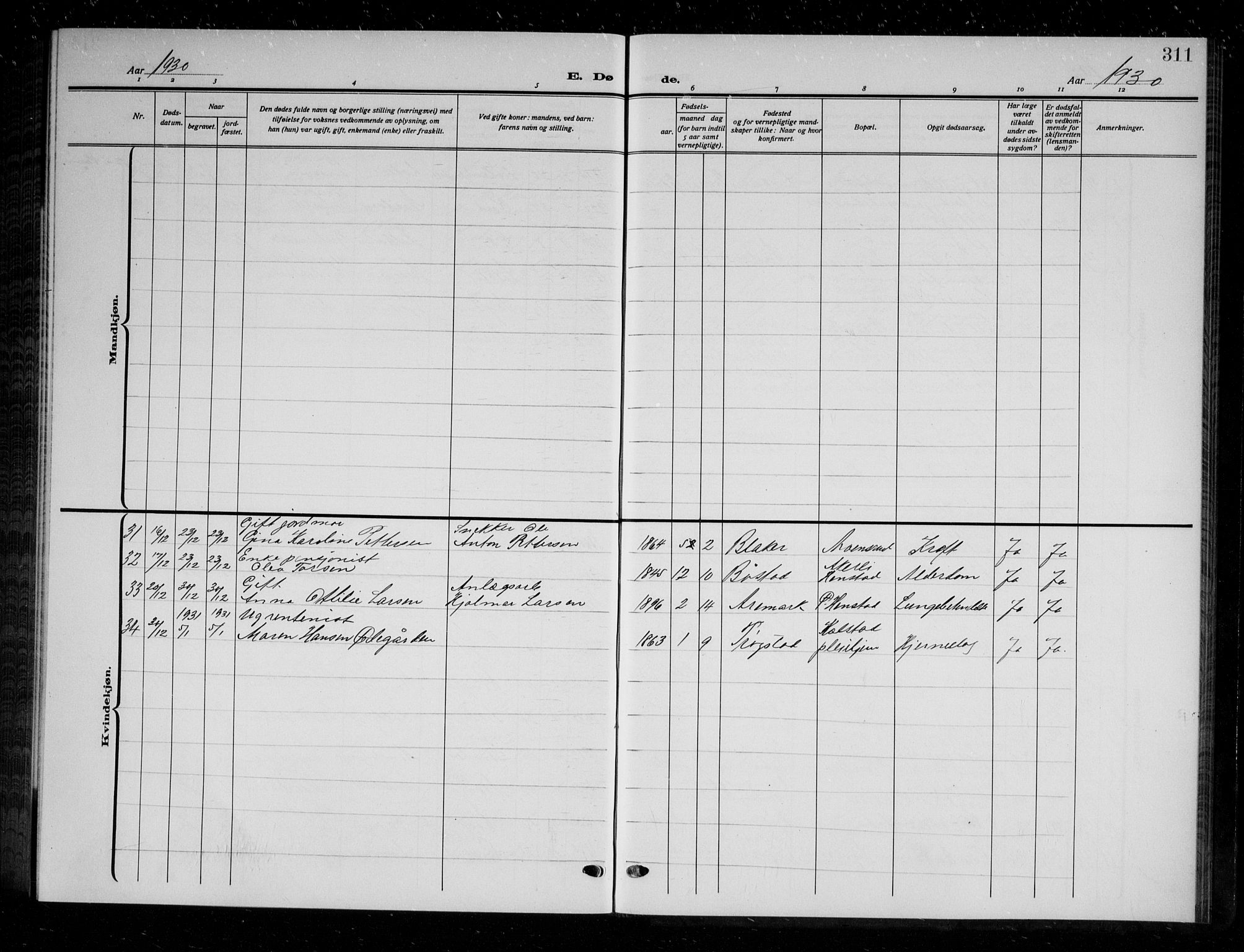 Askim prestekontor Kirkebøker, AV/SAO-A-10900/G/Ga/L0003: Parish register (copy) no. 3, 1921-1937, p. 311