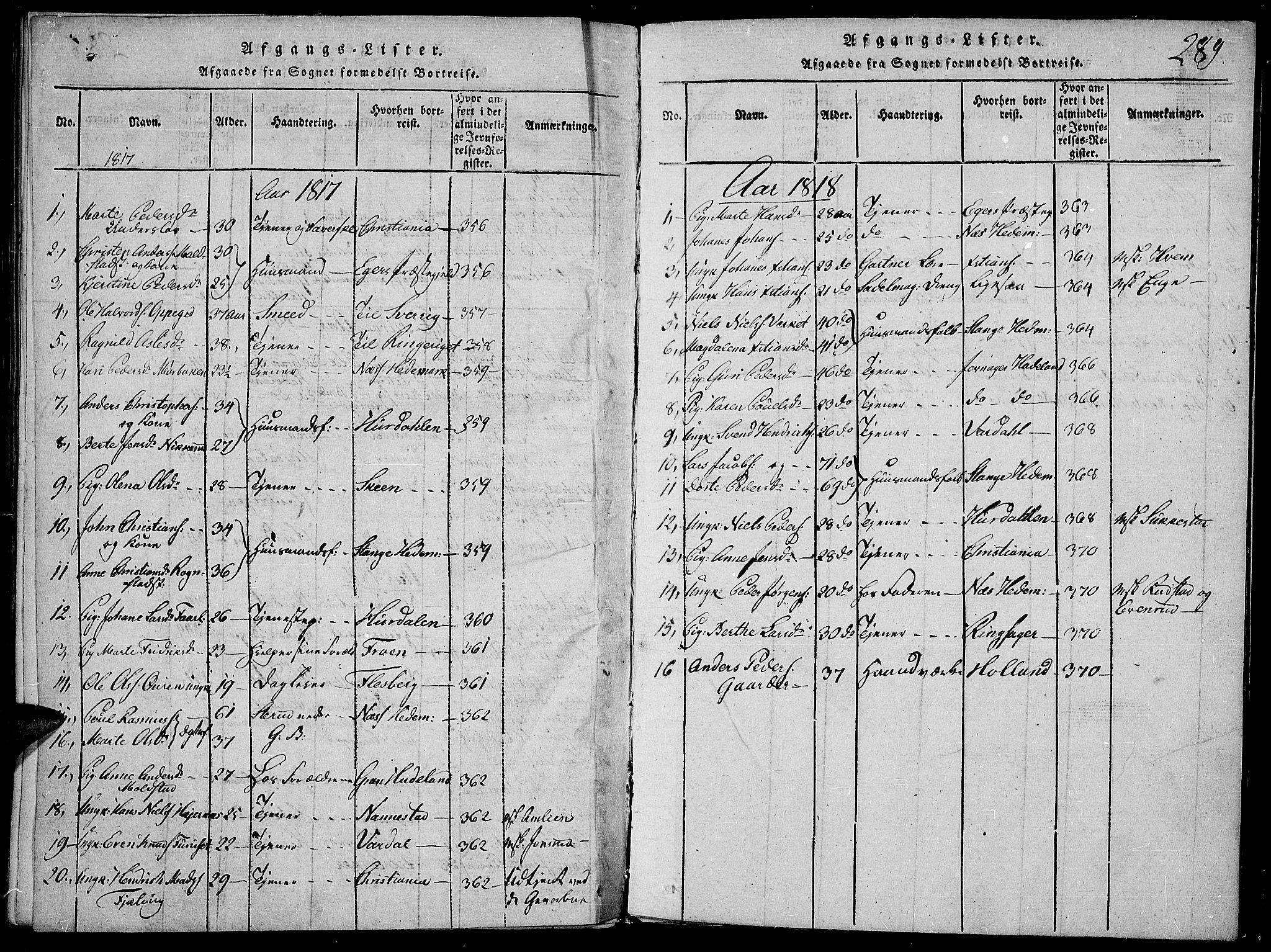 Toten prestekontor, AV/SAH-PREST-102/H/Ha/Haa/L0009: Parish register (official) no. 9, 1814-1820, p. 289