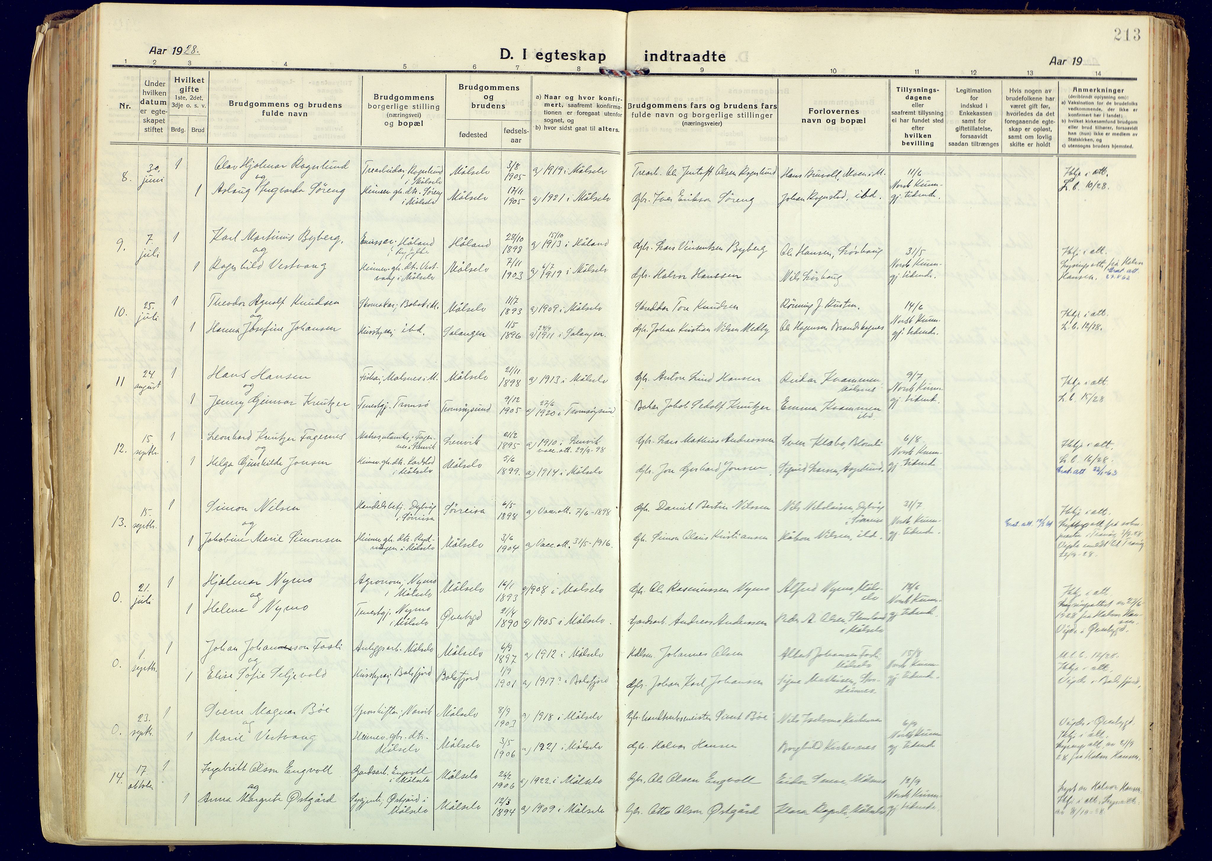 Målselv sokneprestembete, SATØ/S-1311/G/Ga/Gaa/L0014kirke: Parish register (official) no. 14, 1919-1932, p. 213