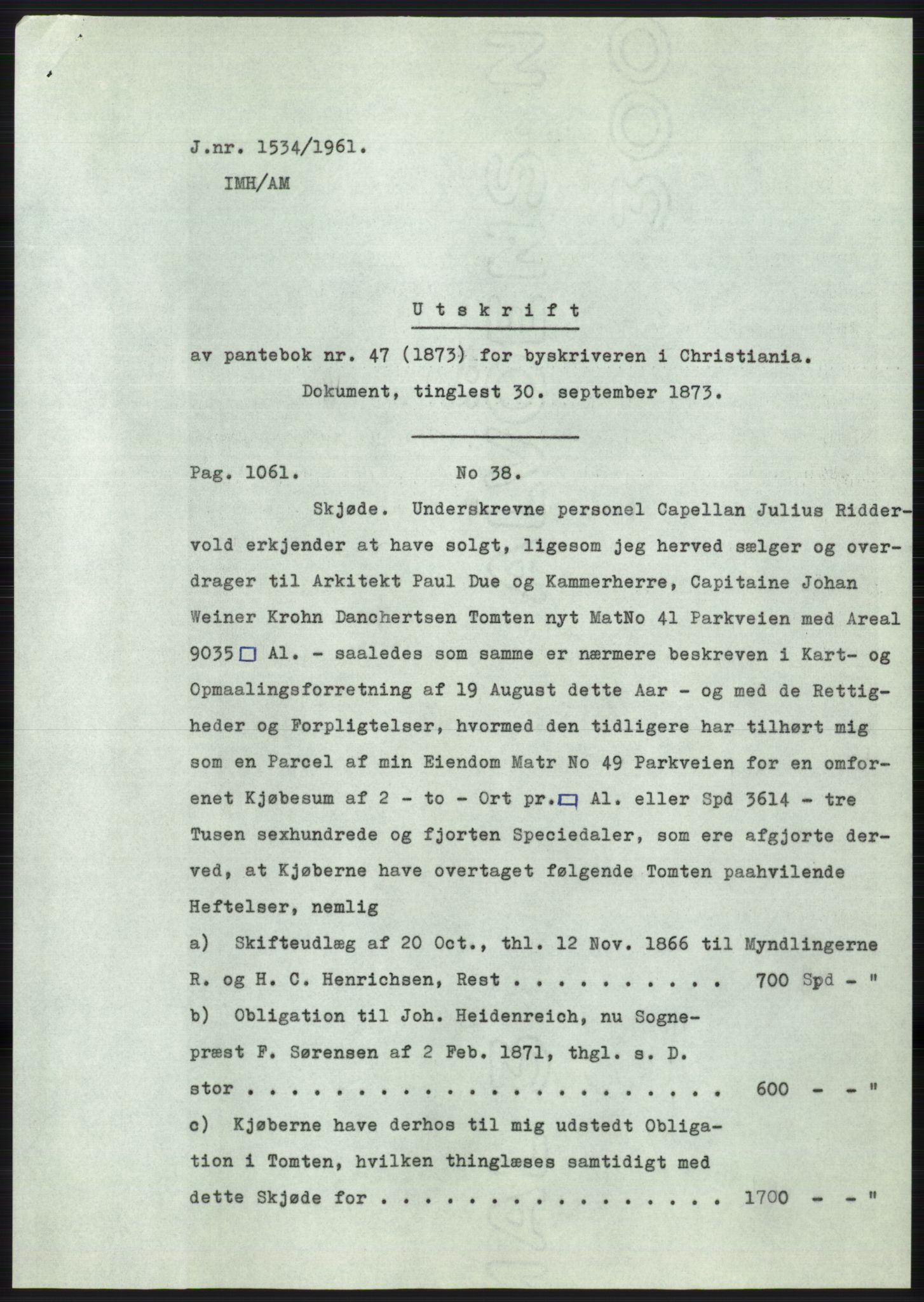 Statsarkivet i Oslo, SAO/A-10621/Z/Zd/L0014: Avskrifter, j.nr 1101-1809/1961, 1961, p. 223