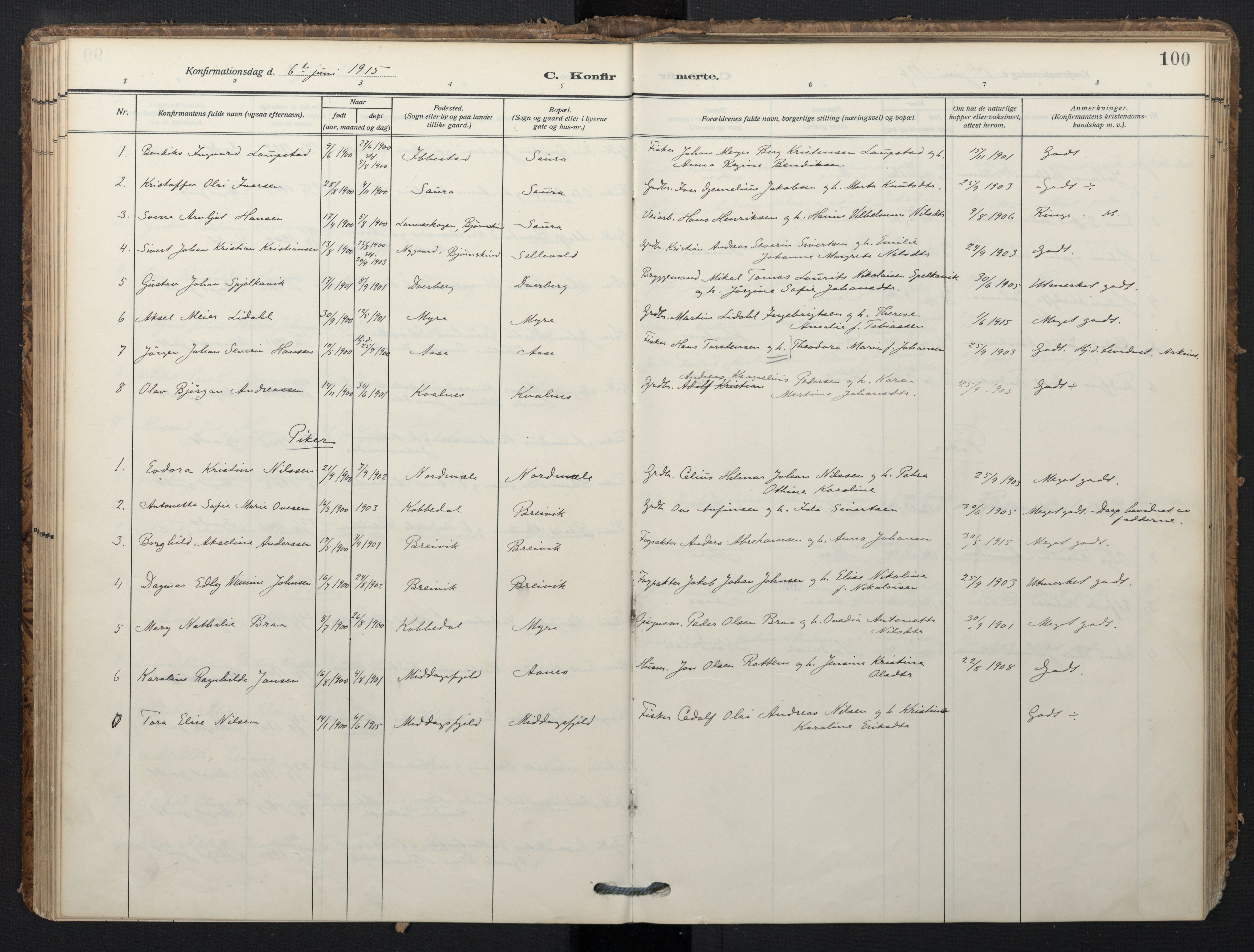 Ministerialprotokoller, klokkerbøker og fødselsregistre - Nordland, SAT/A-1459/897/L1401: Parish register (official) no. 897A08, 1909-1921, p. 100