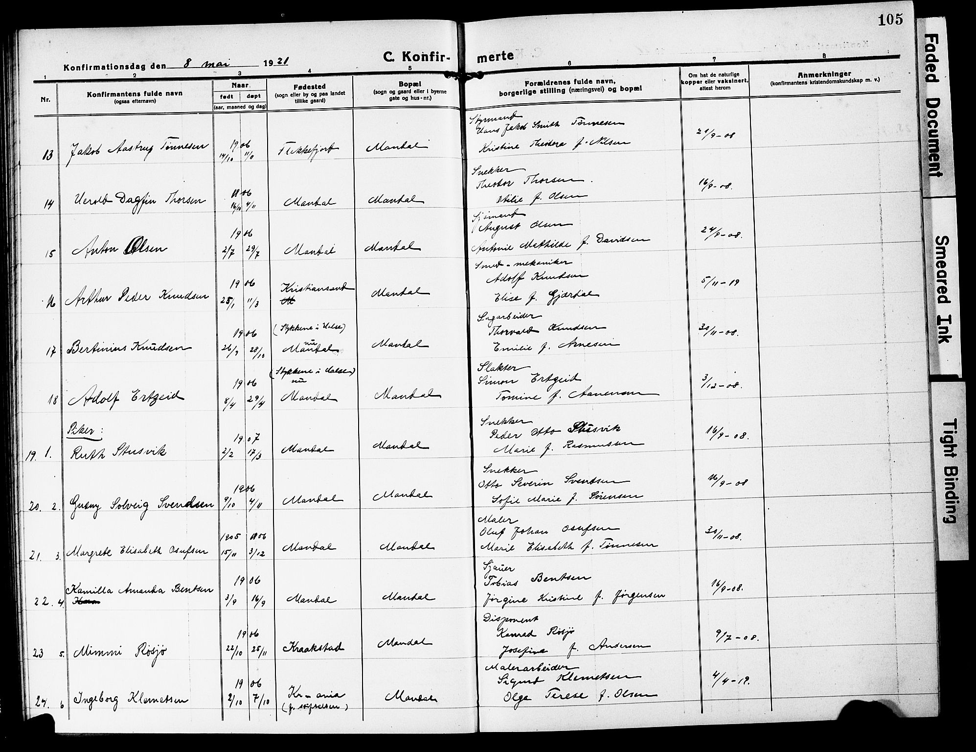 Mandal sokneprestkontor, SAK/1111-0030/F/Fb/Fbc/L0001: Parish register (copy) no. B 1, 1918-1931, p. 105
